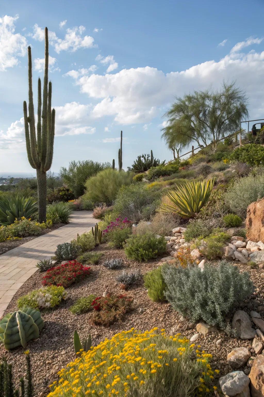 Layered planting adds depth to this xeriscape design.