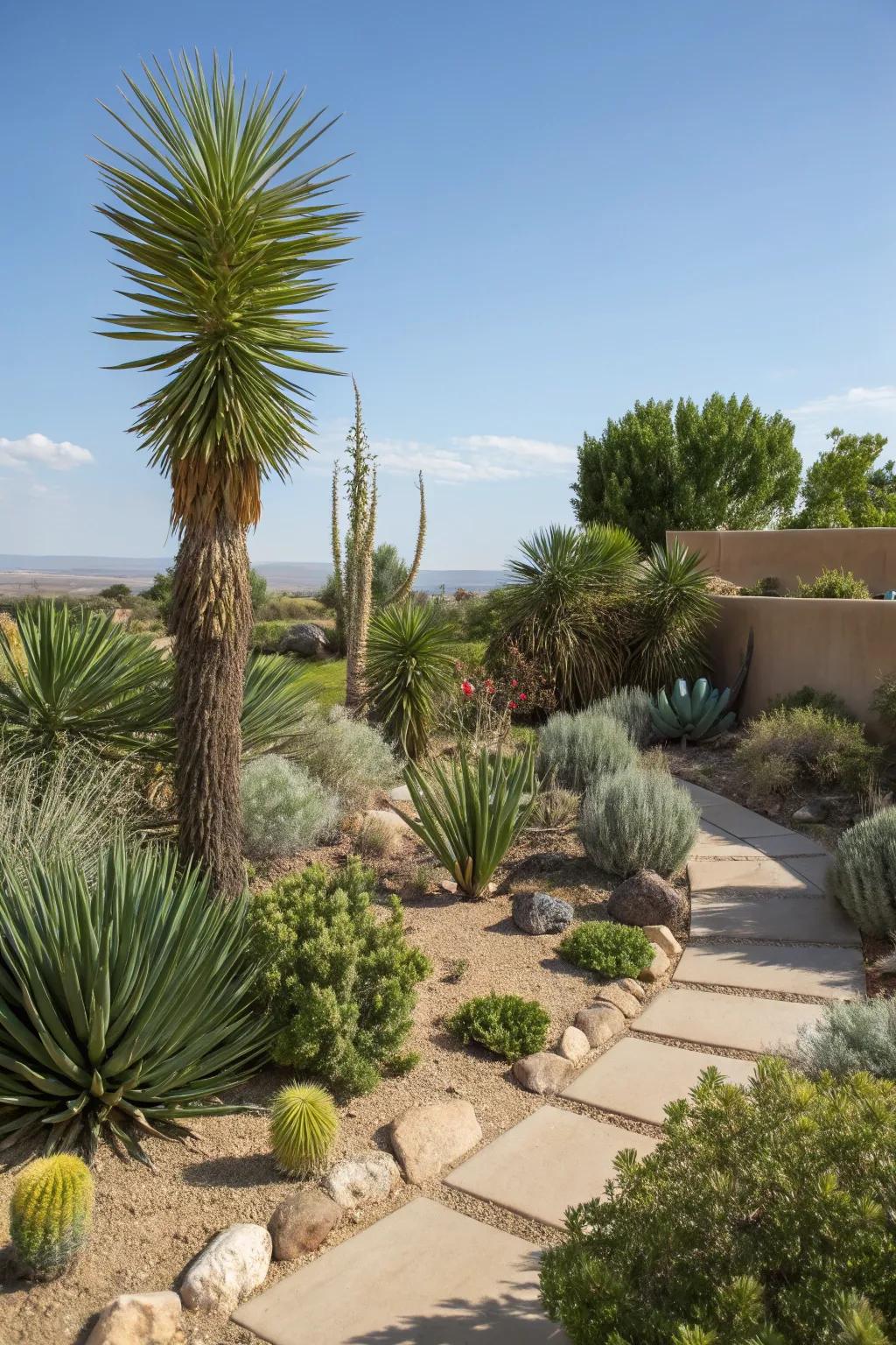 A layered xeriscape garden featuring tall yuccas and low-growing succulents.