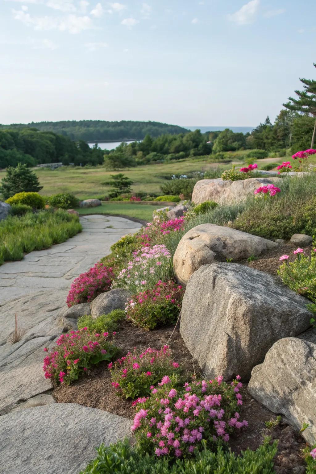 A garden island featuring rocks and stones for a natural aesthetic.