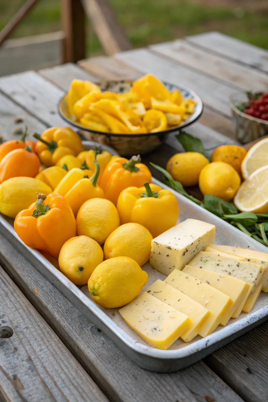 A delightful assortment of yellow foods perfect for a thematic picnic.