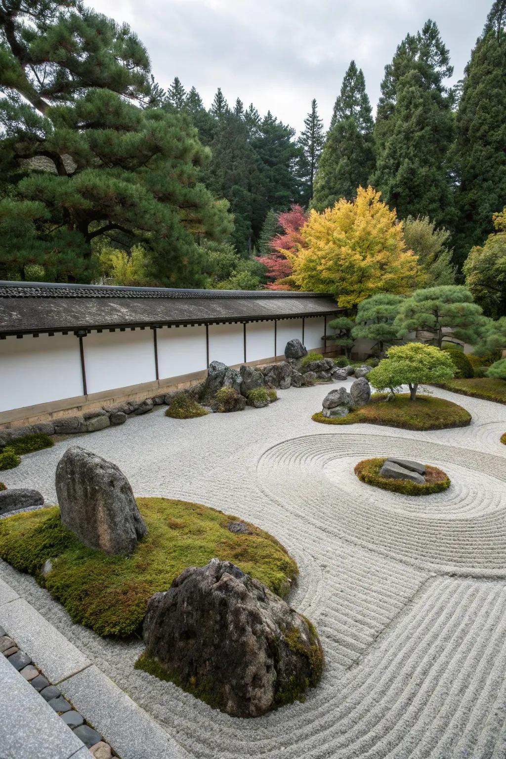 Stone islands in a zen garden creating a miniature landscape of tranquility.