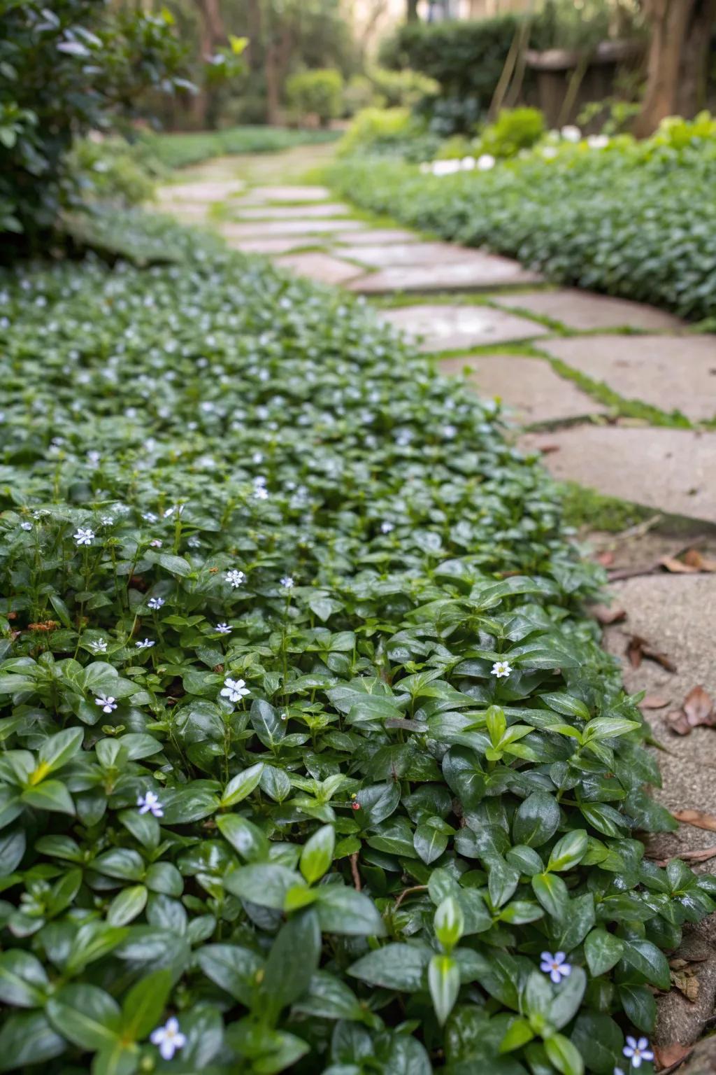 Creeping myrtle creates a lush green carpet in shaded gardens.