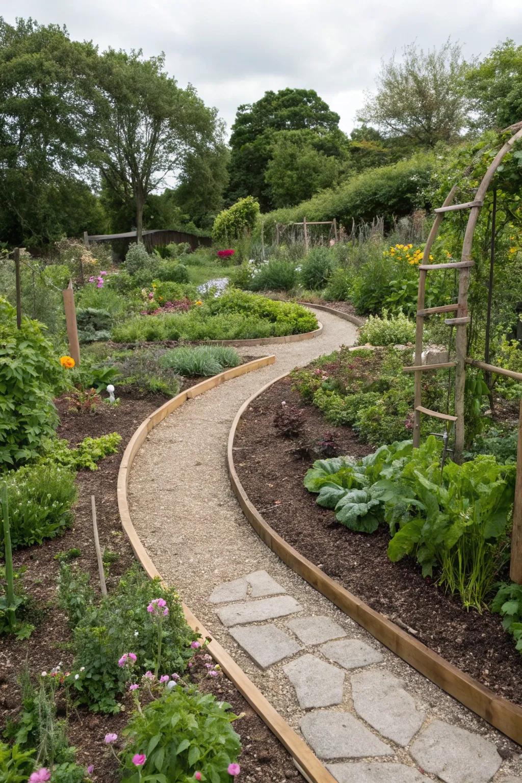 Curved paths creating a natural flow in a zone 7 garden.