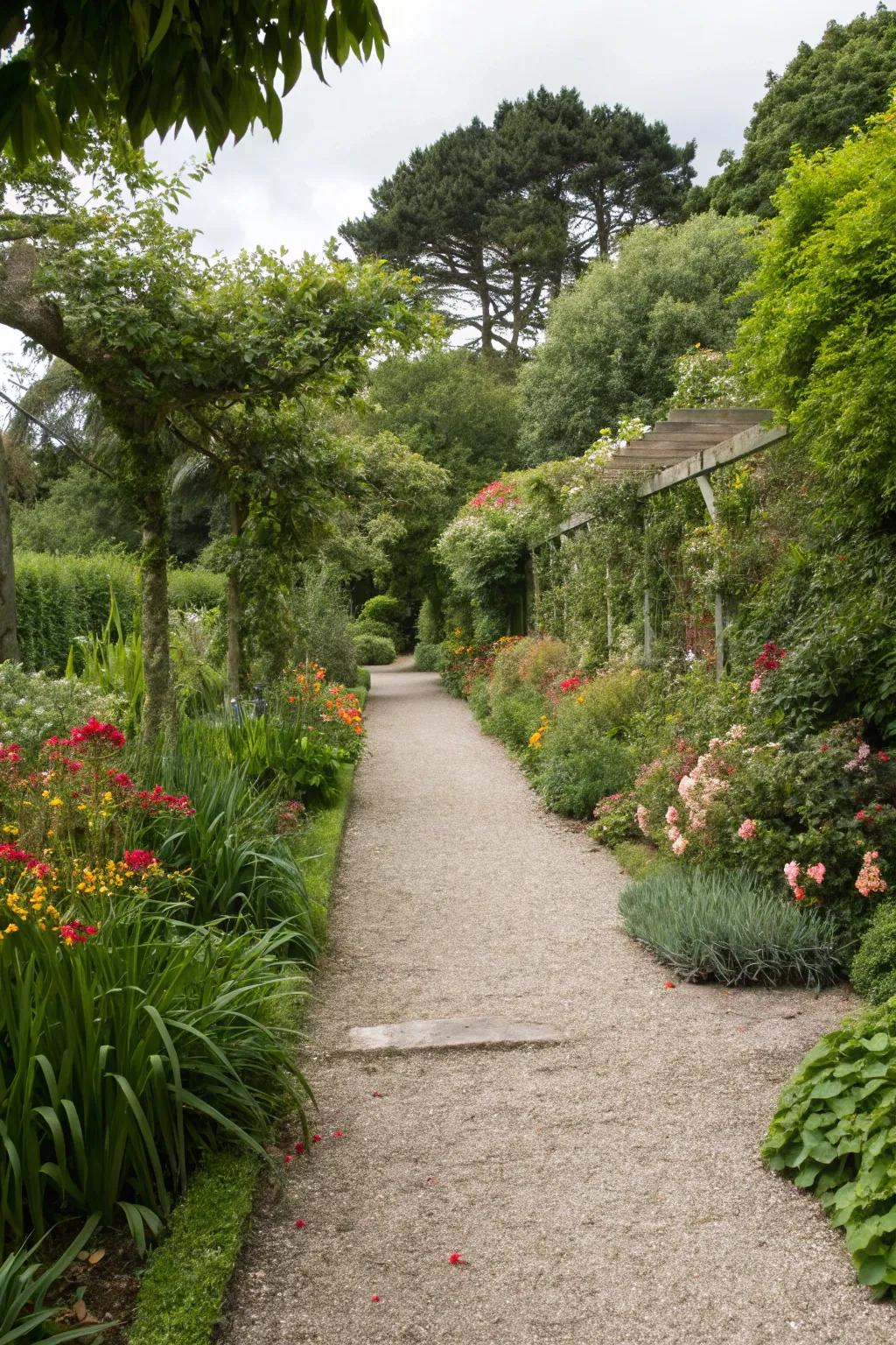 A gravel pathway winding through a zone 8b garden.