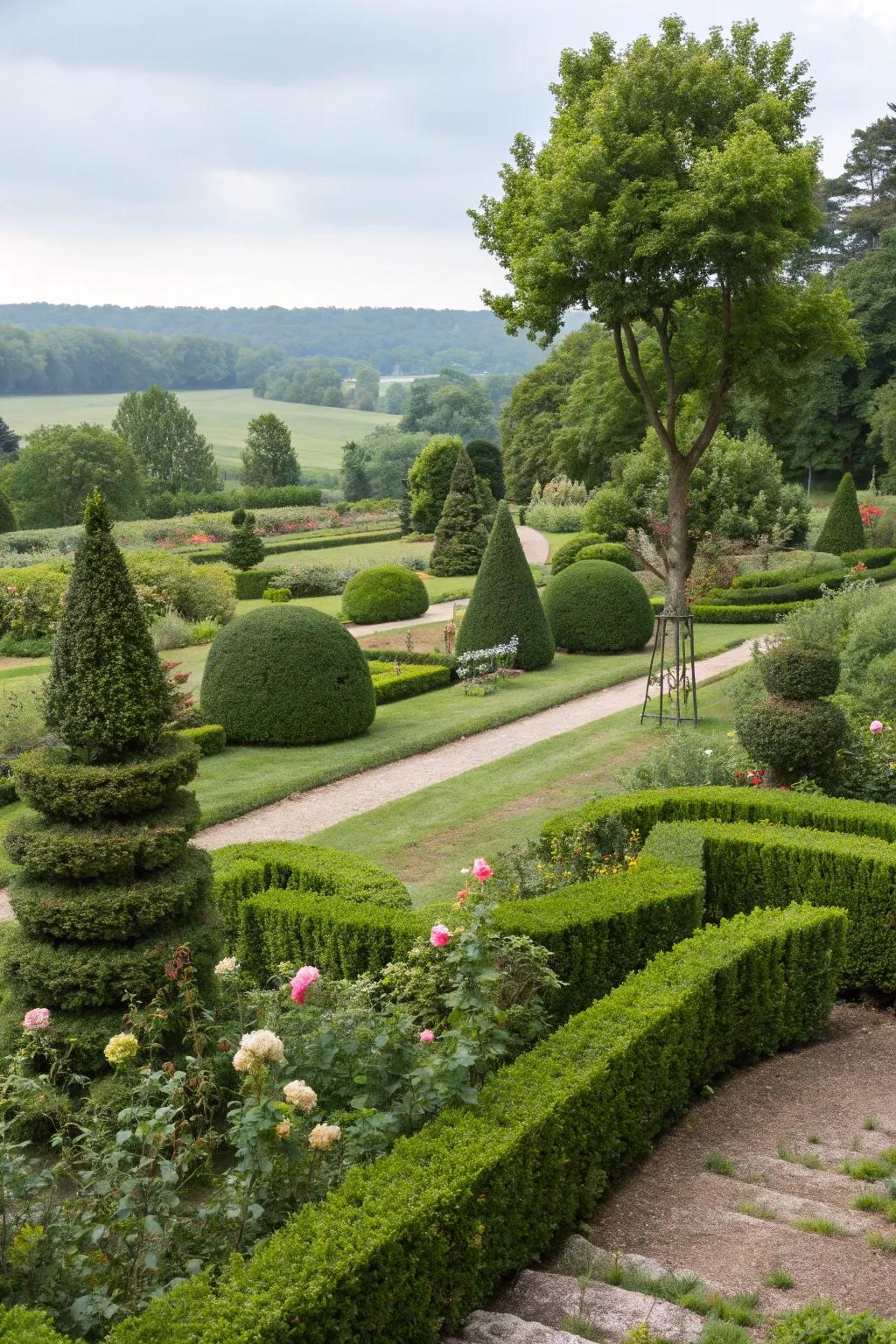 Elegant shrubbery with neatly trimmed shapes and topiary.