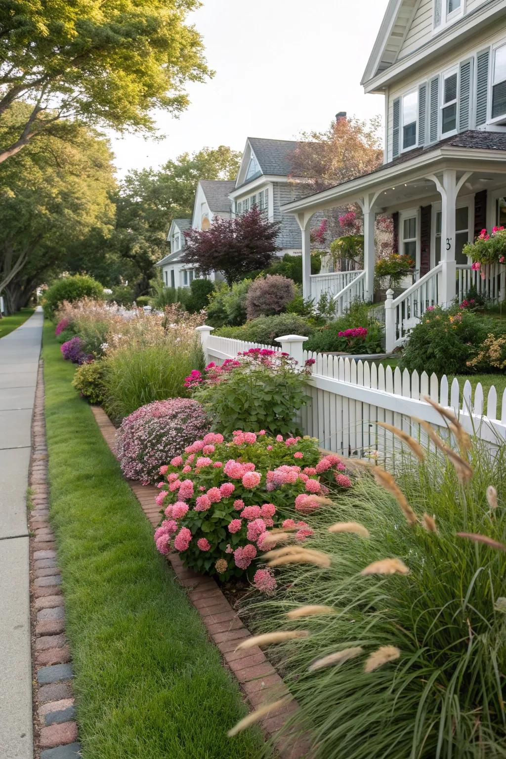 A welcoming front yard in zone 9b with strategic plantings.