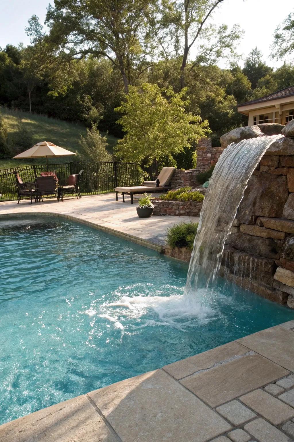 A serene waterfall feature enhancing the pool's beauty