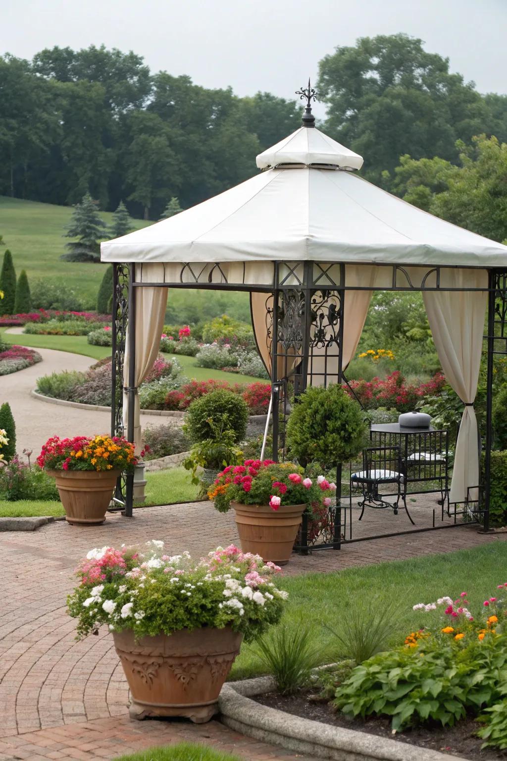 Create a garden oasis with a gazebo enveloped in greenery.