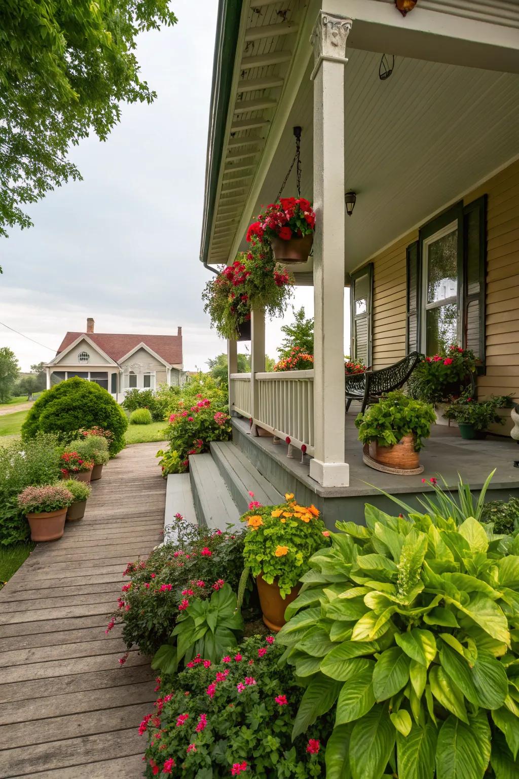 Lush landscaping enhances the natural beauty of your porch.