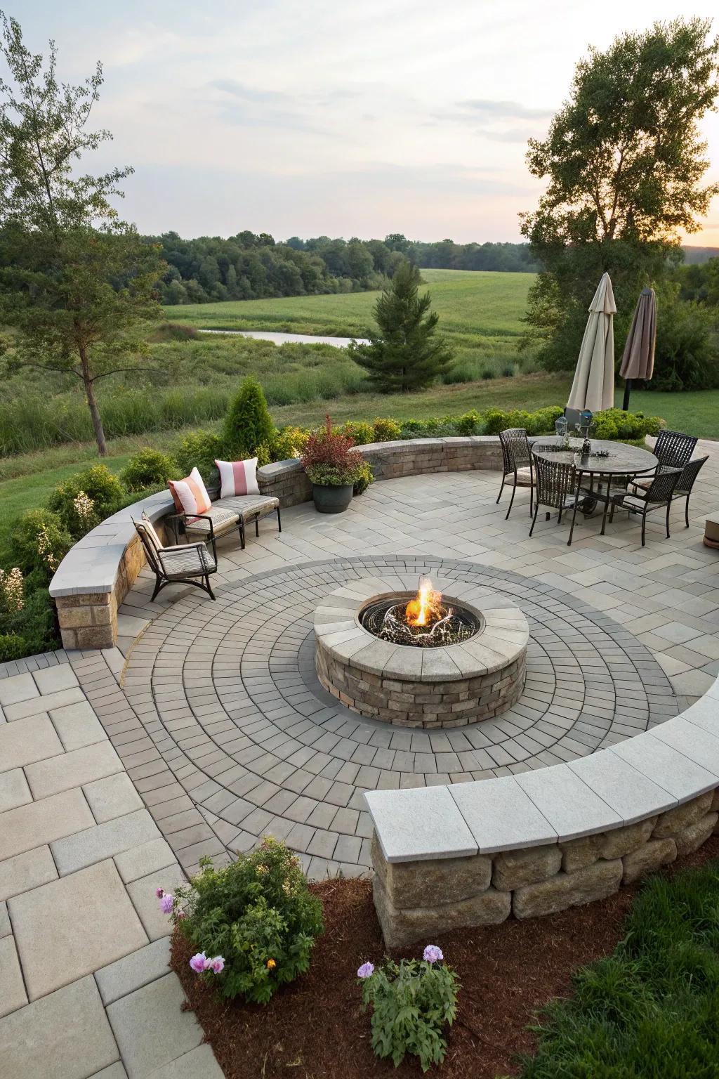 Gather around a cozy fire pit on your circular paver patio.