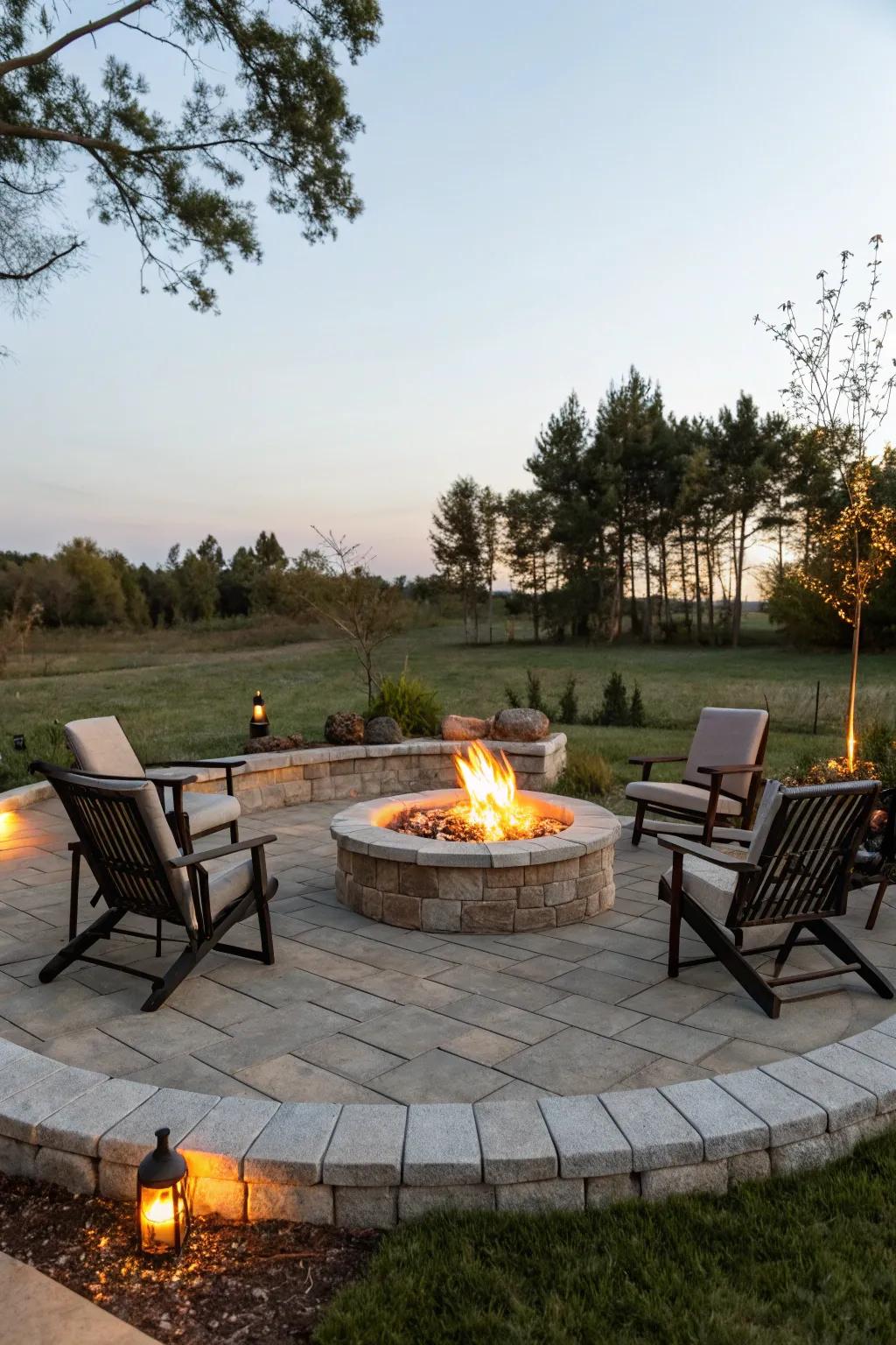 A warm and inviting fire pit area on a concrete paver patio.