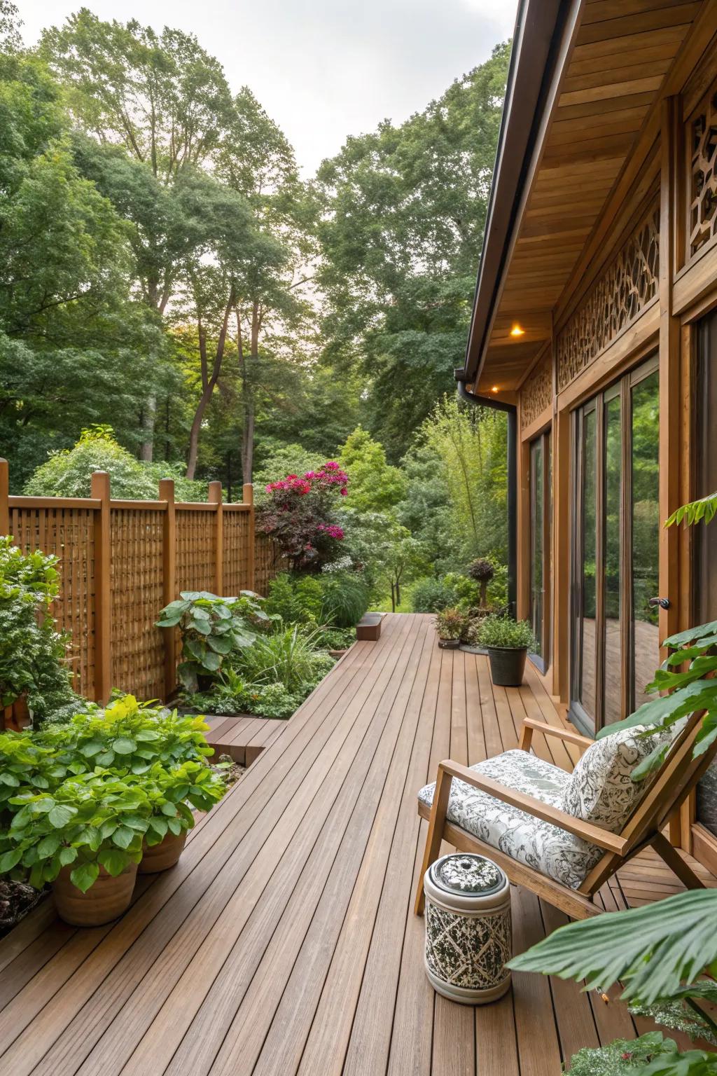 Wood and natural materials create a warm, inviting deck ambiance.
