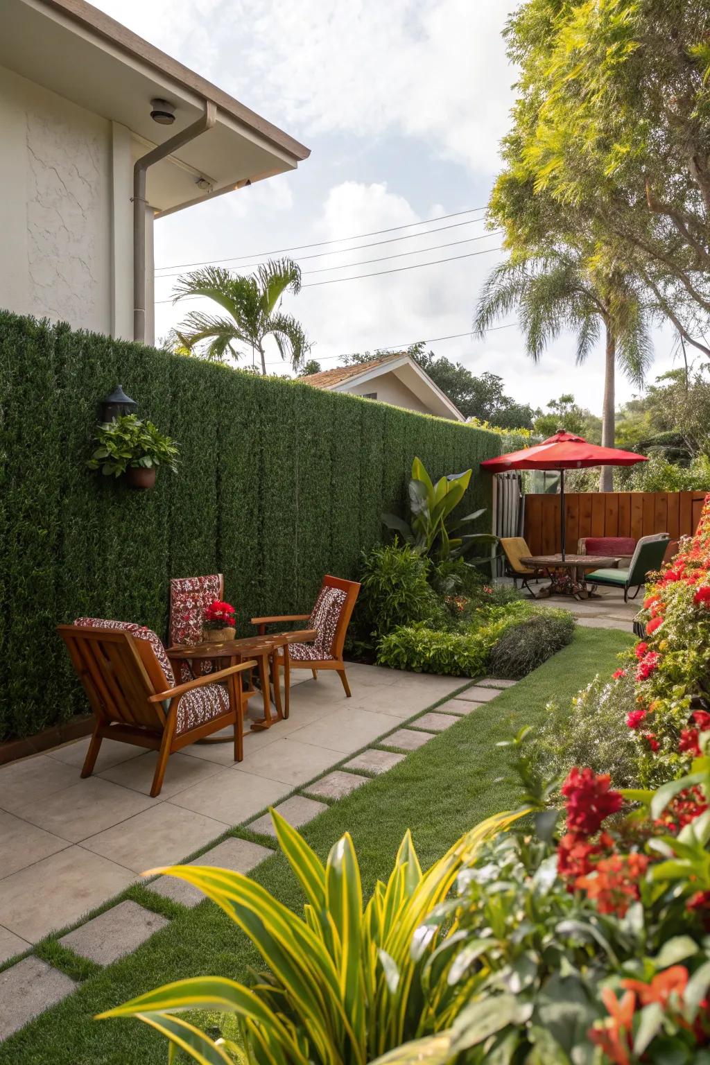 Faux green hedge for a vibrant look.
