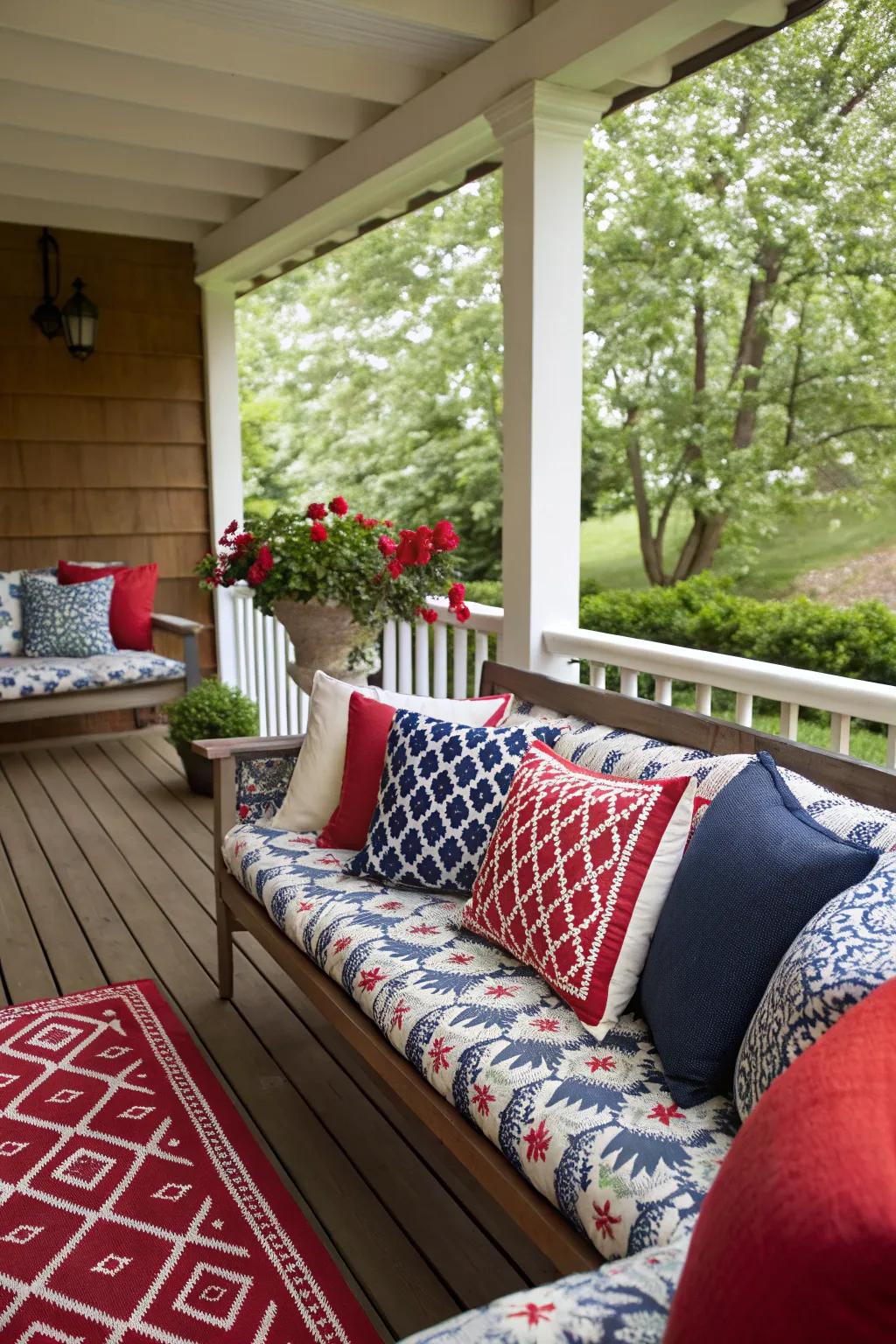 Patterned cushions create a cozy and festive seating area.