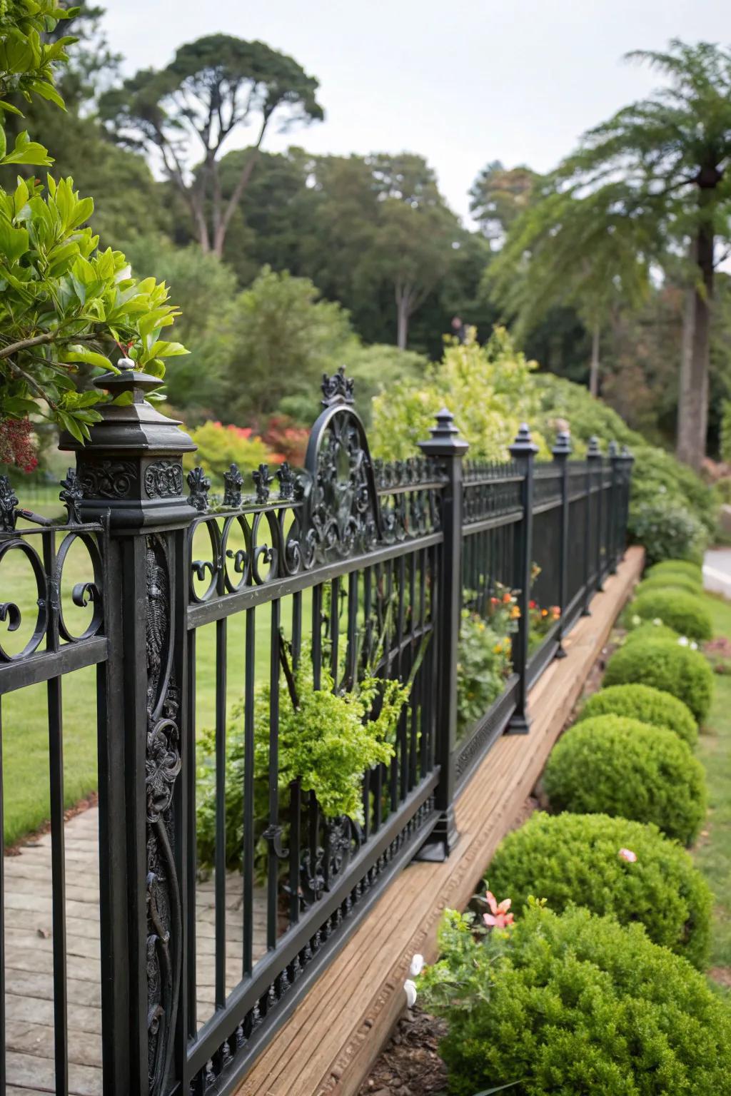 Bold and beautiful: black iron and wood fence.