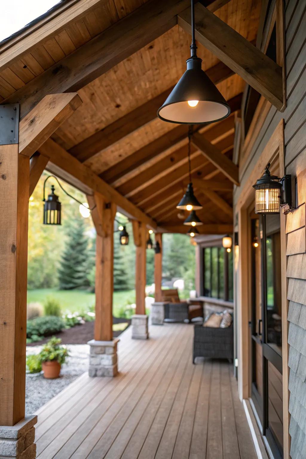 A mix of styles creates a harmonious porch design.