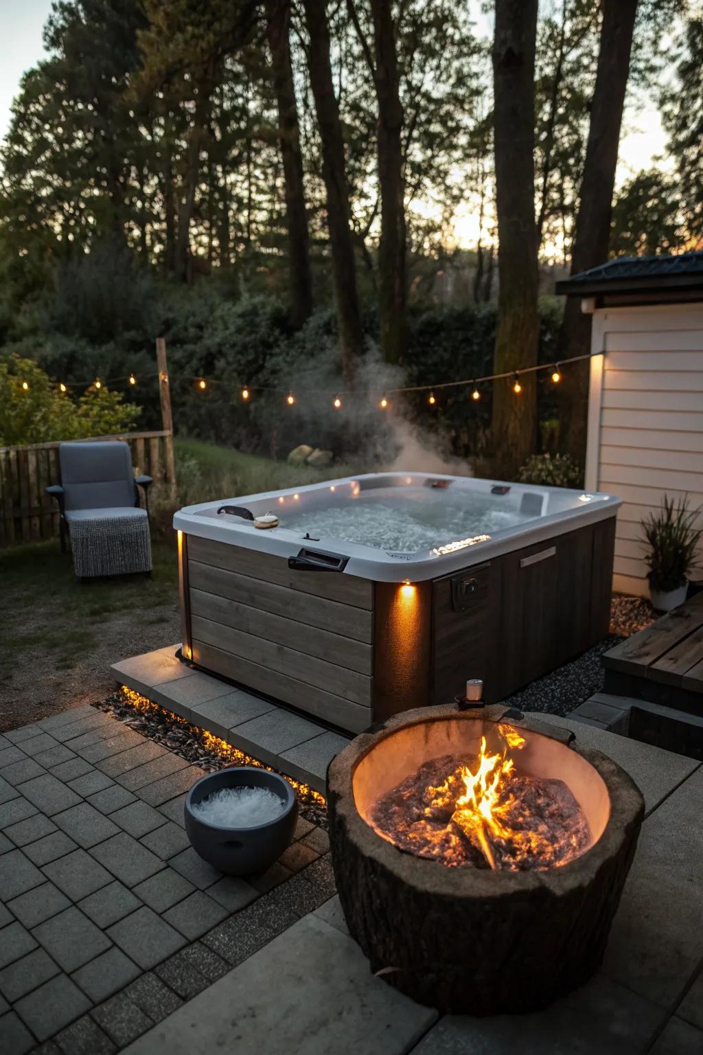 Add warmth and atmosphere with a fire pit near your hot tub.
