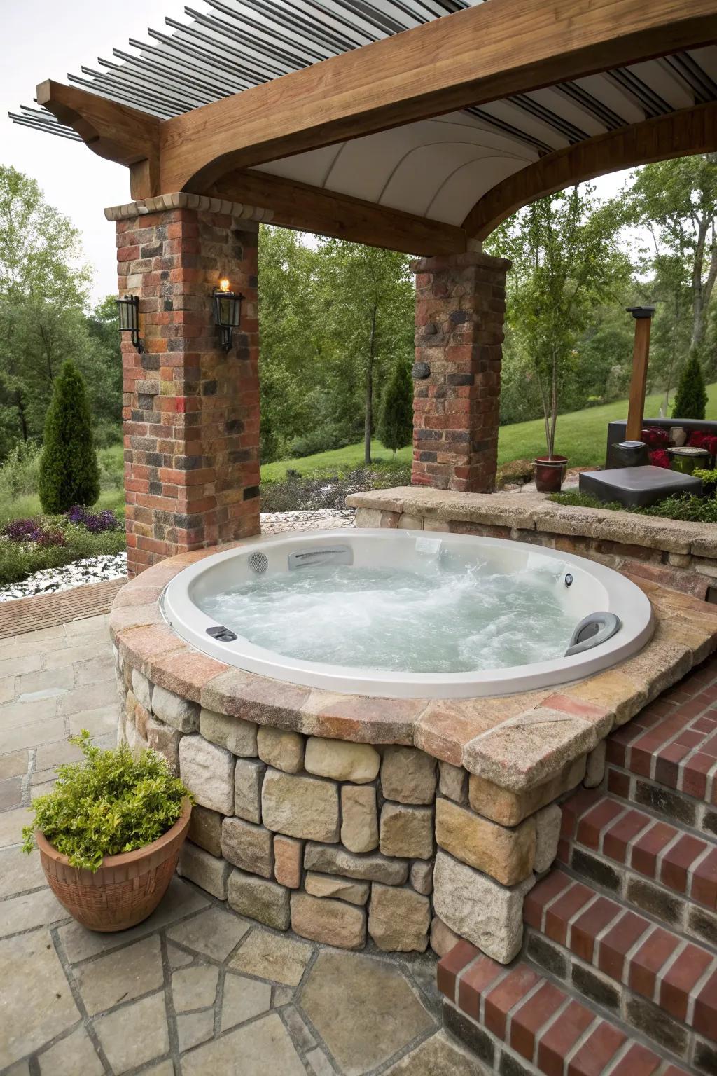 Rustic elegance with stone and brick features.