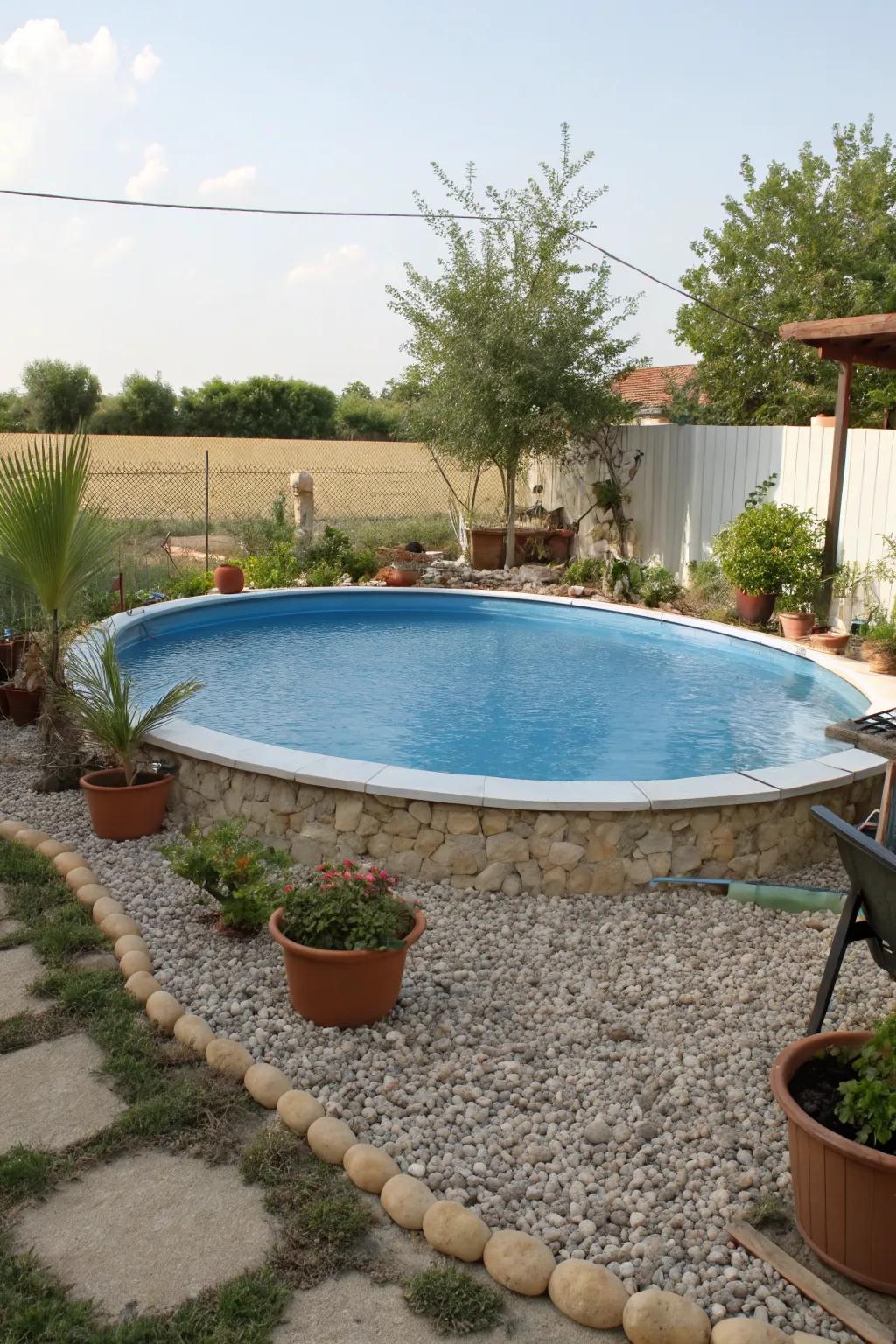 A gravel border adds a rustic charm and functional drainage.