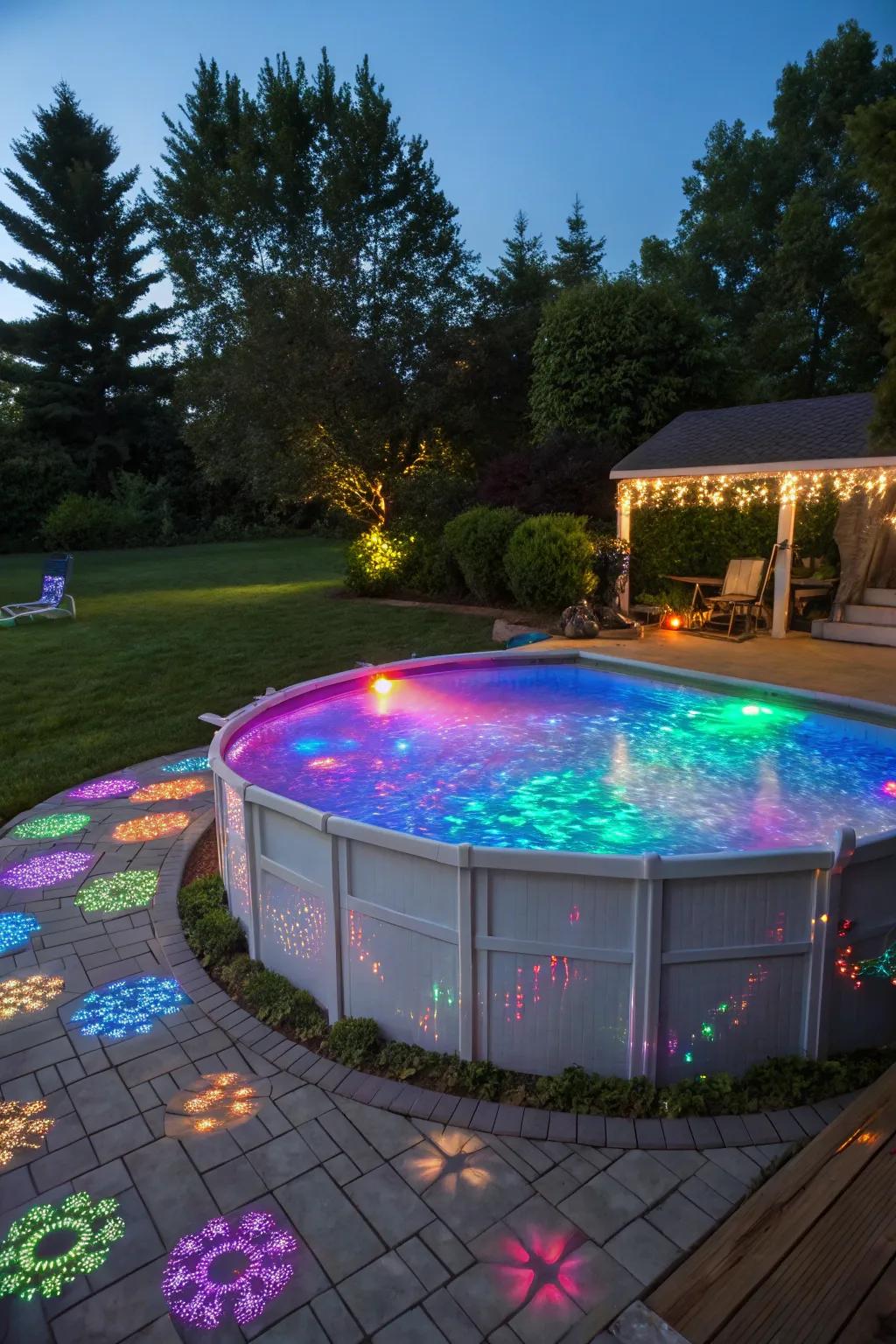 Underwater light shows create an exciting poolside experience.