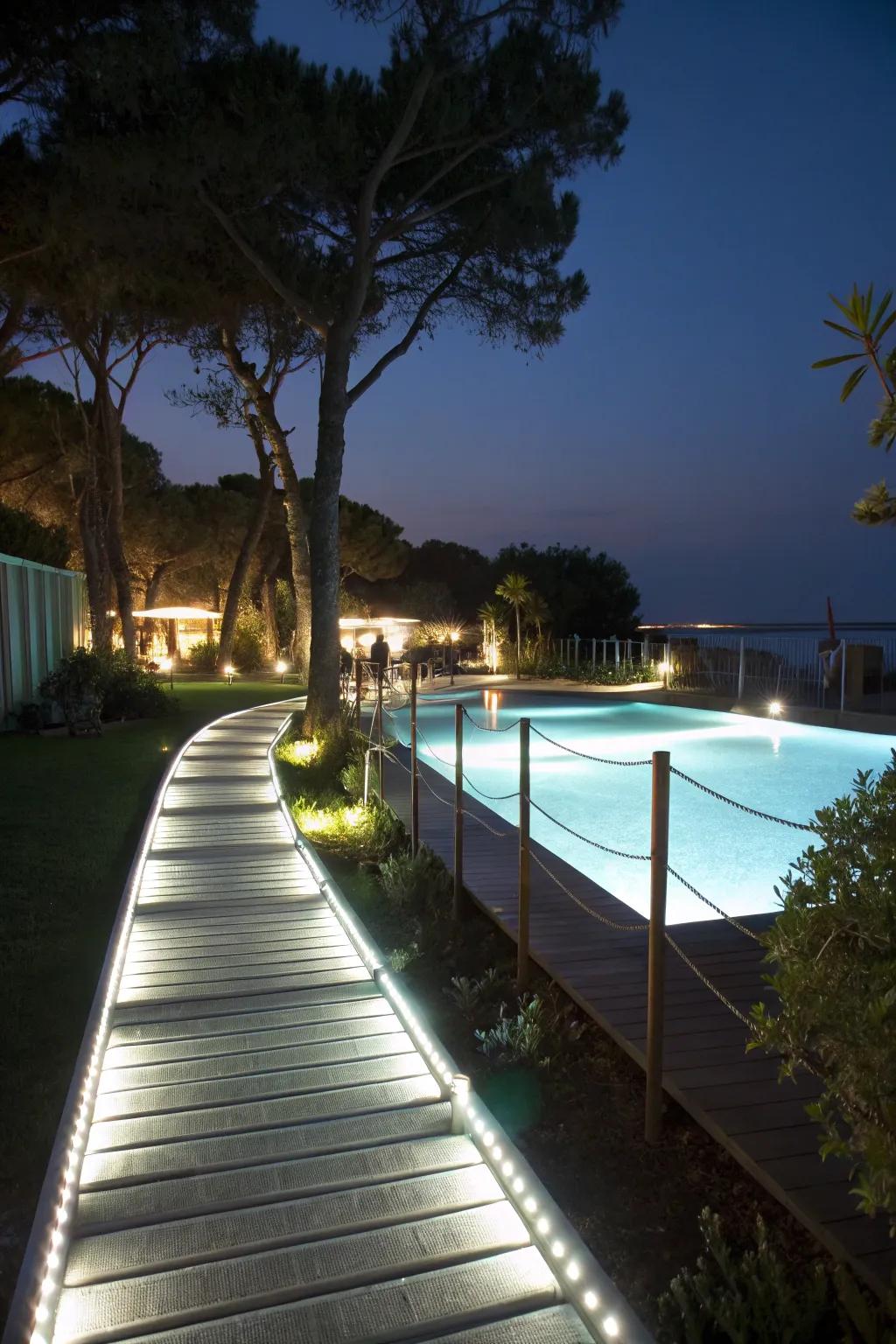 LED lights transform your pool area into a nighttime retreat.