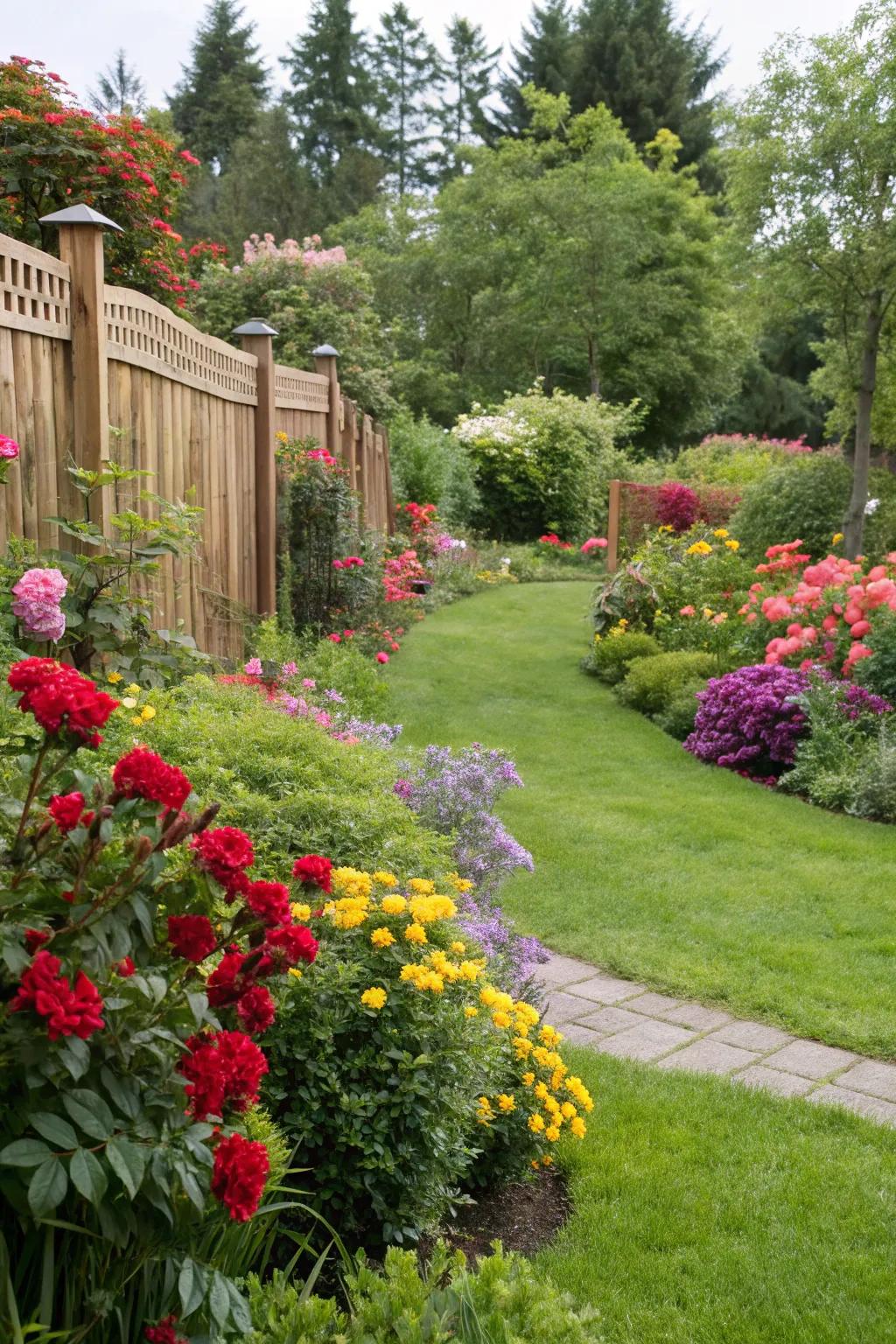 Lush greenery and colorful plants create a vibrant and inviting garden landscape.