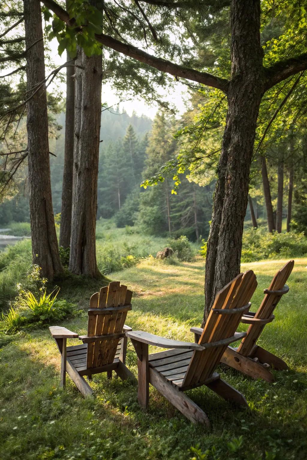 Natural wood chairs create a harmonious rustic retreat.