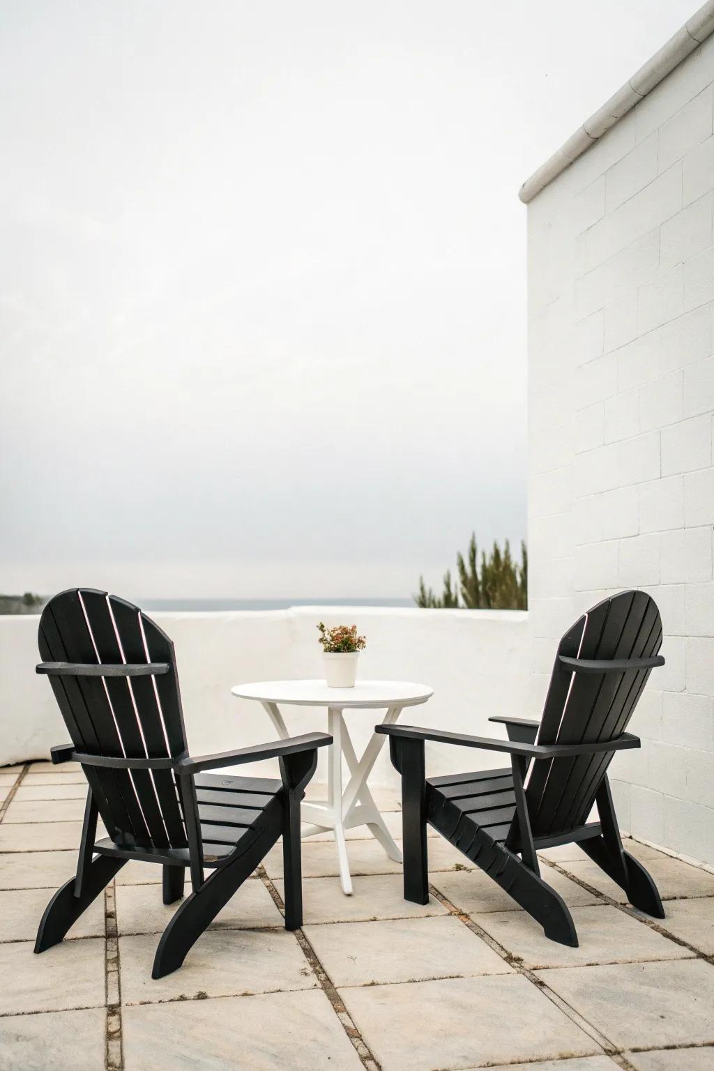 Monochrome Adirondack chairs for a modern minimalist patio.