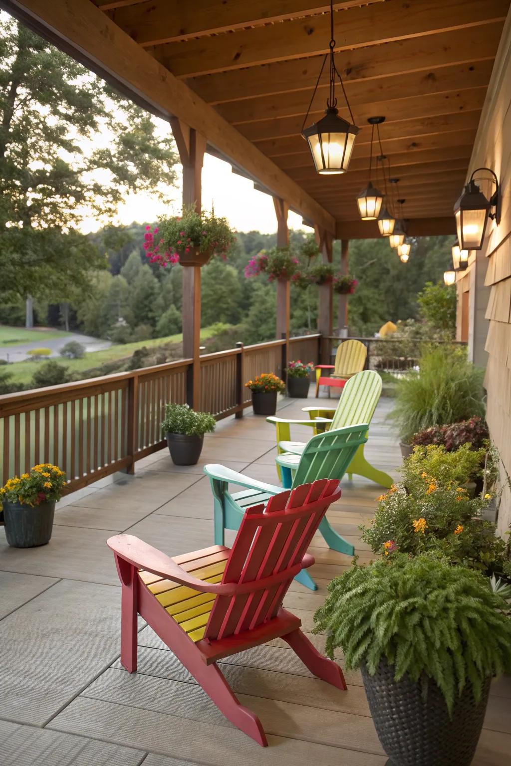 Adirondack chairs add vibrant charm to a porch.