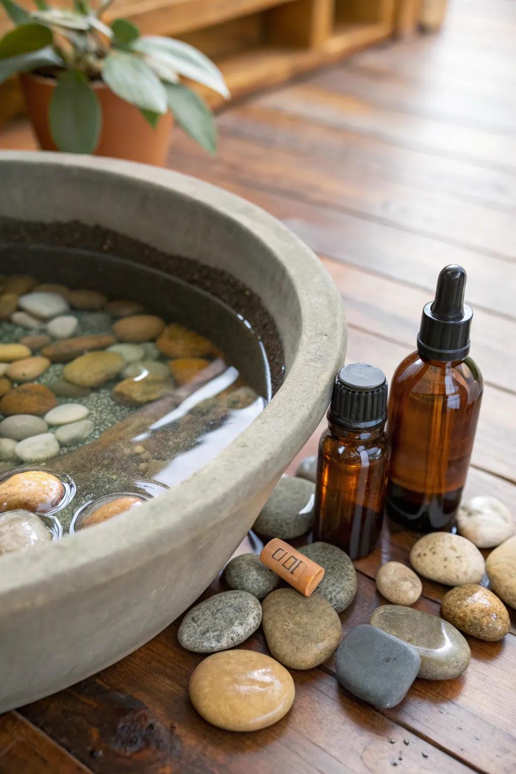Treat your feet to a soothing soak with essential oils and pebbles.