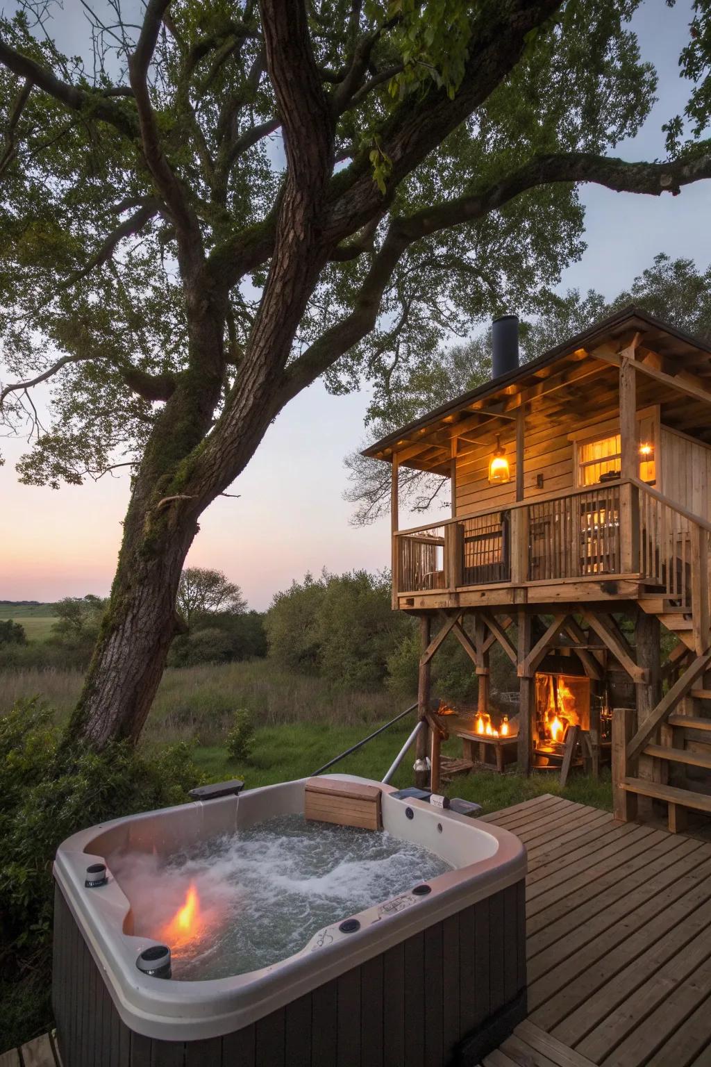 Luxury meets nature with modern amenities in a treehouse.