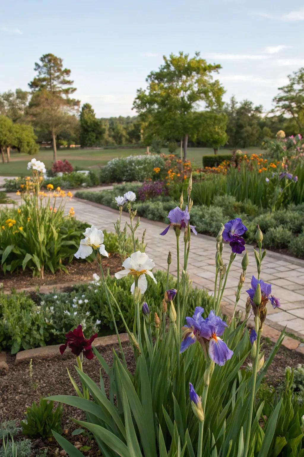 African irises provide consistent color in seasonal garden displays.