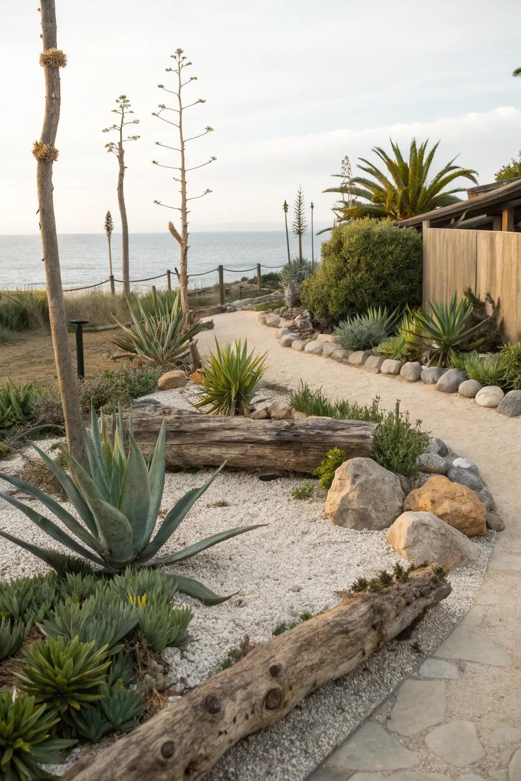 Coastal vibes in the garden with agave and natural elements.