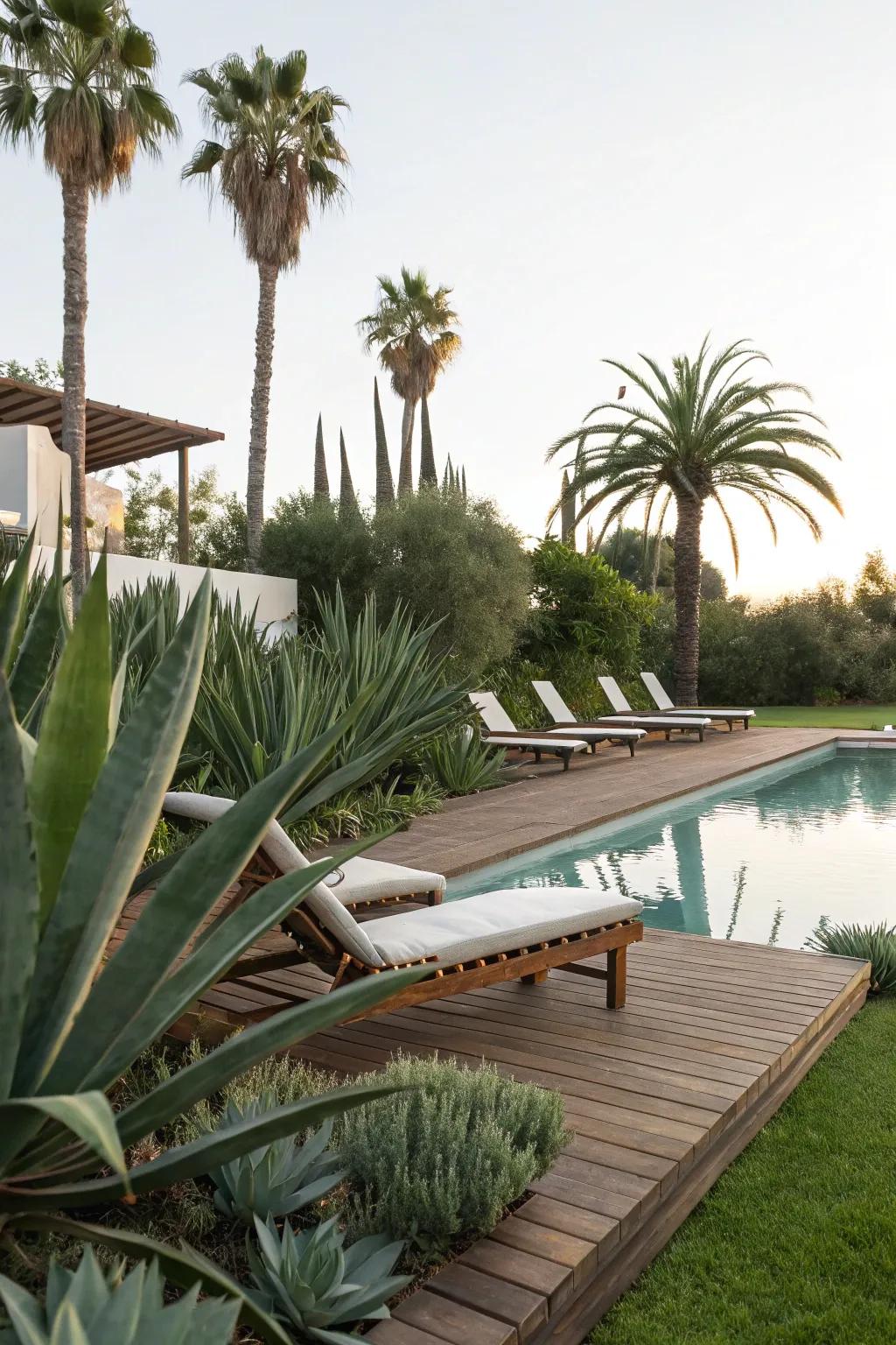 Agave plants enhancing poolside aesthetics.