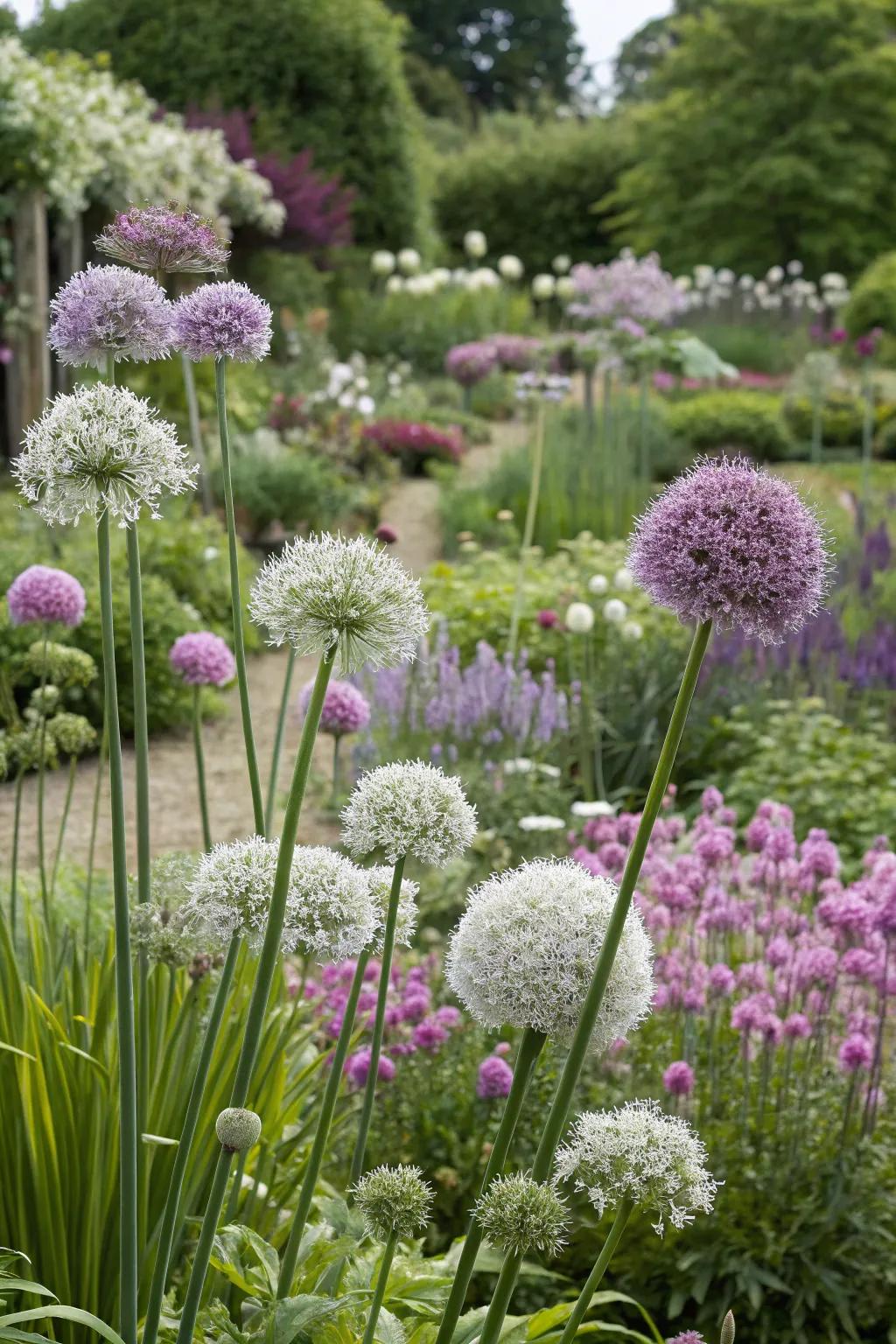 Alliums paired with seasonal blooms for continuous interest.