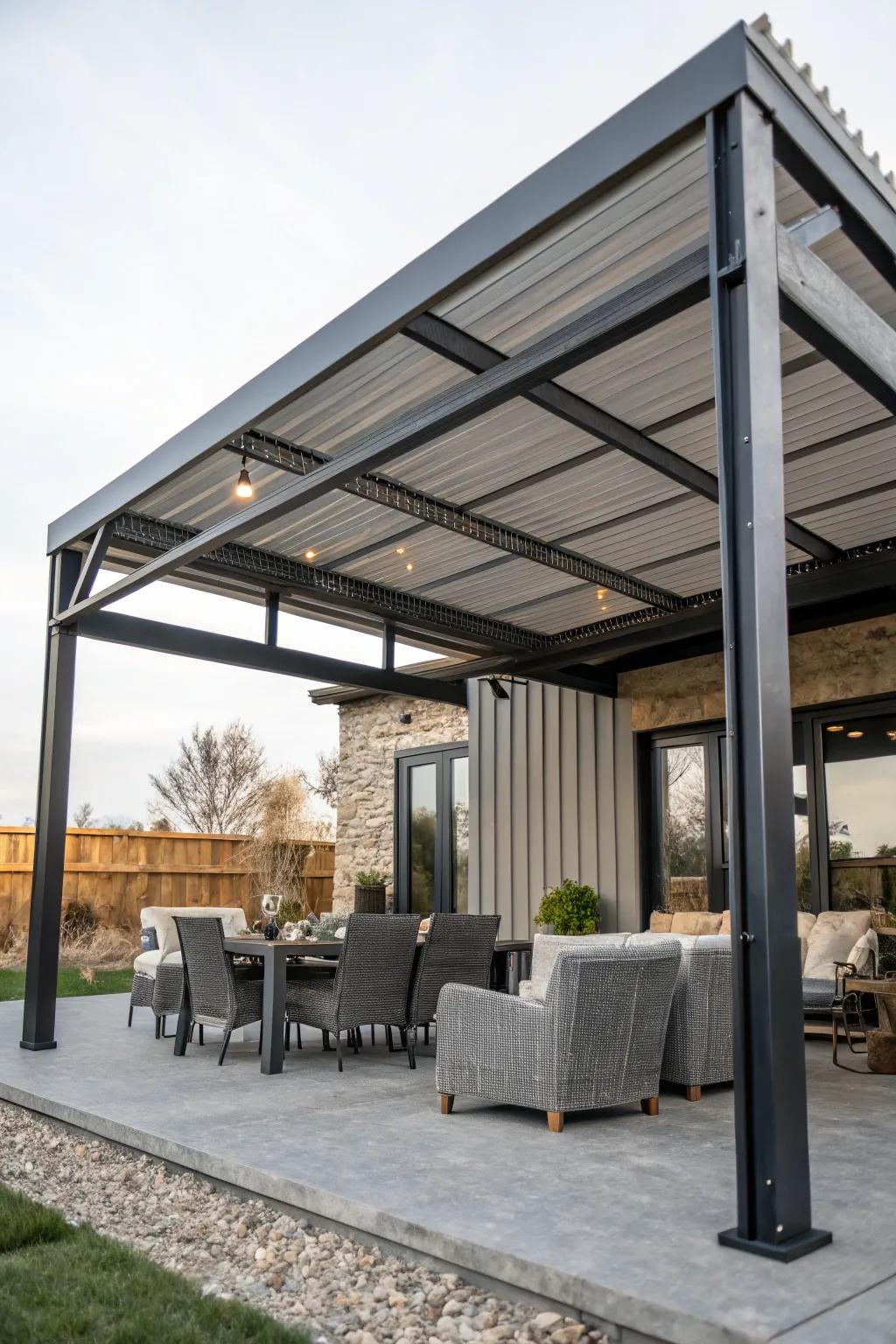 Add character with an industrial chic aluminum patio cover.