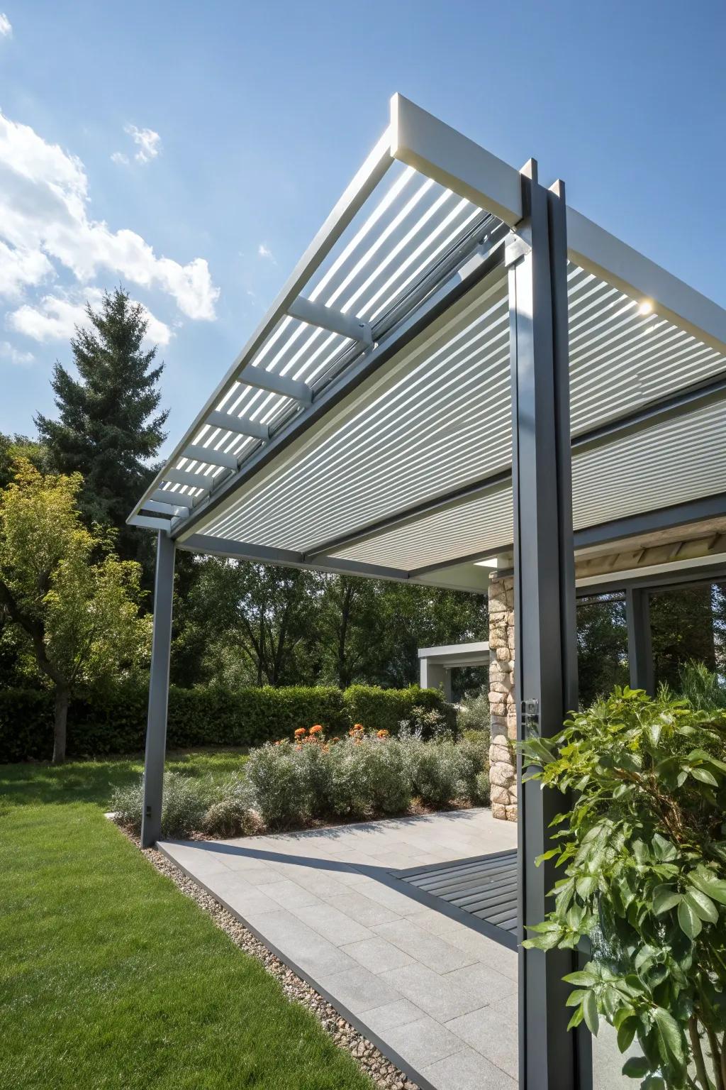 An aluminum pergola with adjustable louvers for tailored shade.