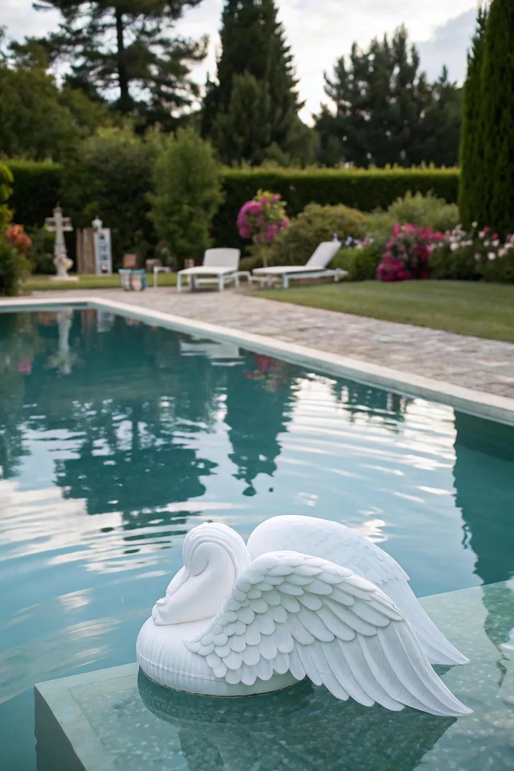 A pool with an angel wing float gently resting on the water's surface.