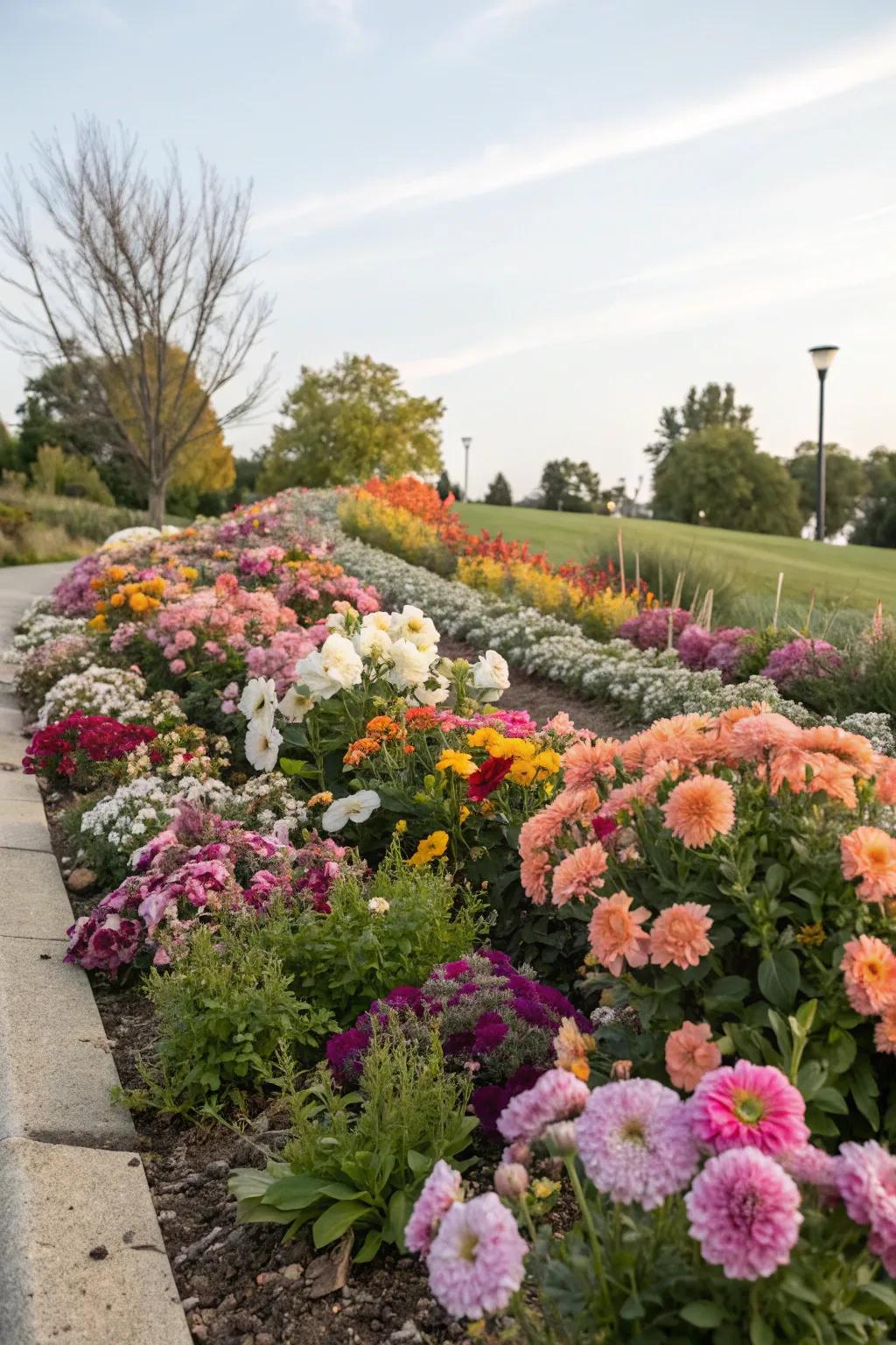 Lush garden layers with varied heights of flowers.