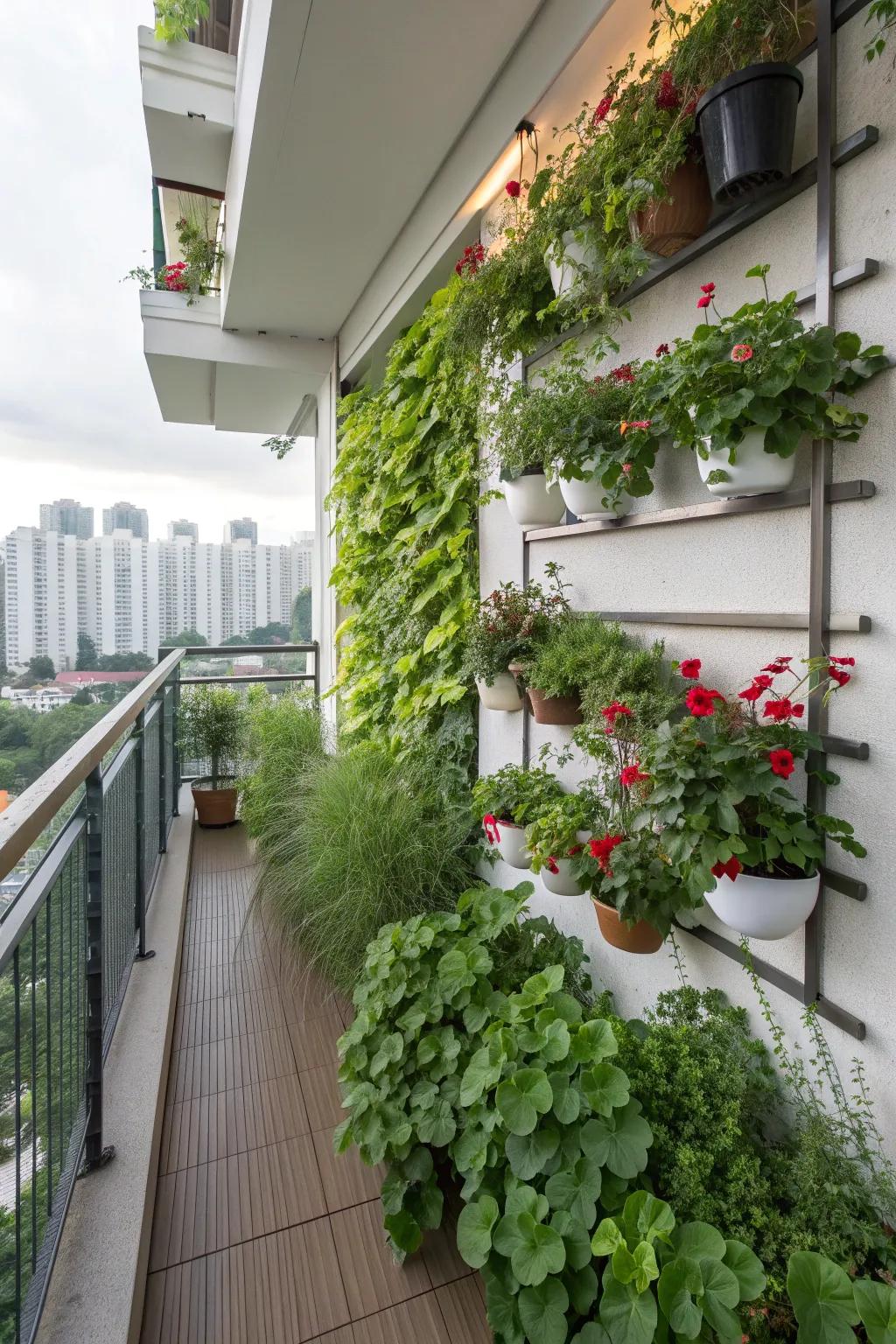 A vertical garden adding lush greenery to an apartment balcony.