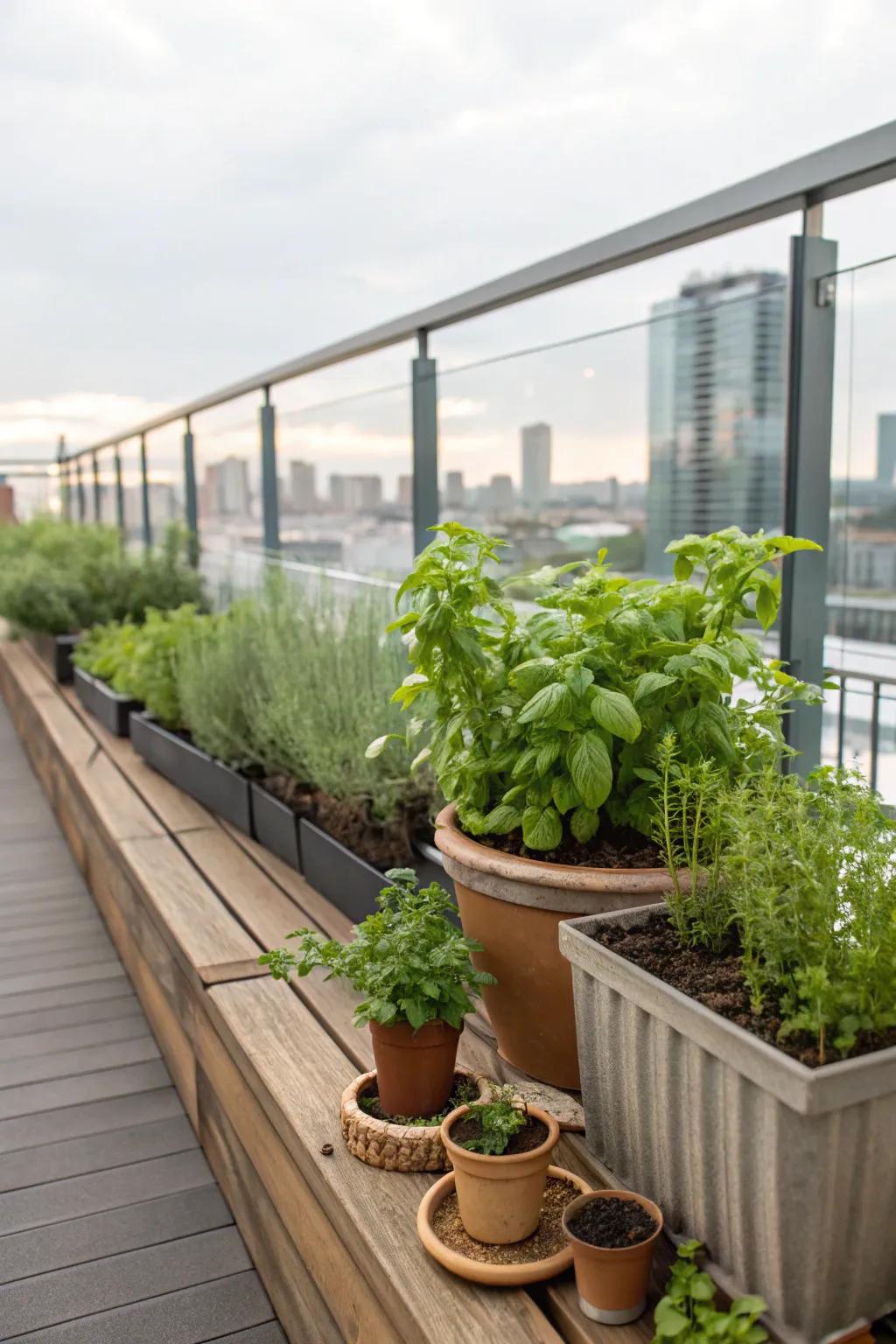 A mini herb garden offers fresh flavor and a touch of green.