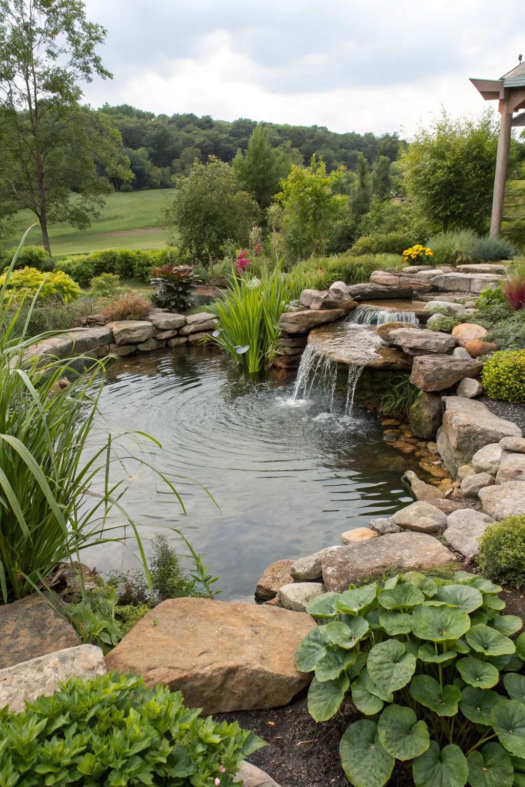 A garden pond enhanced by a tranquil waterfall feature.