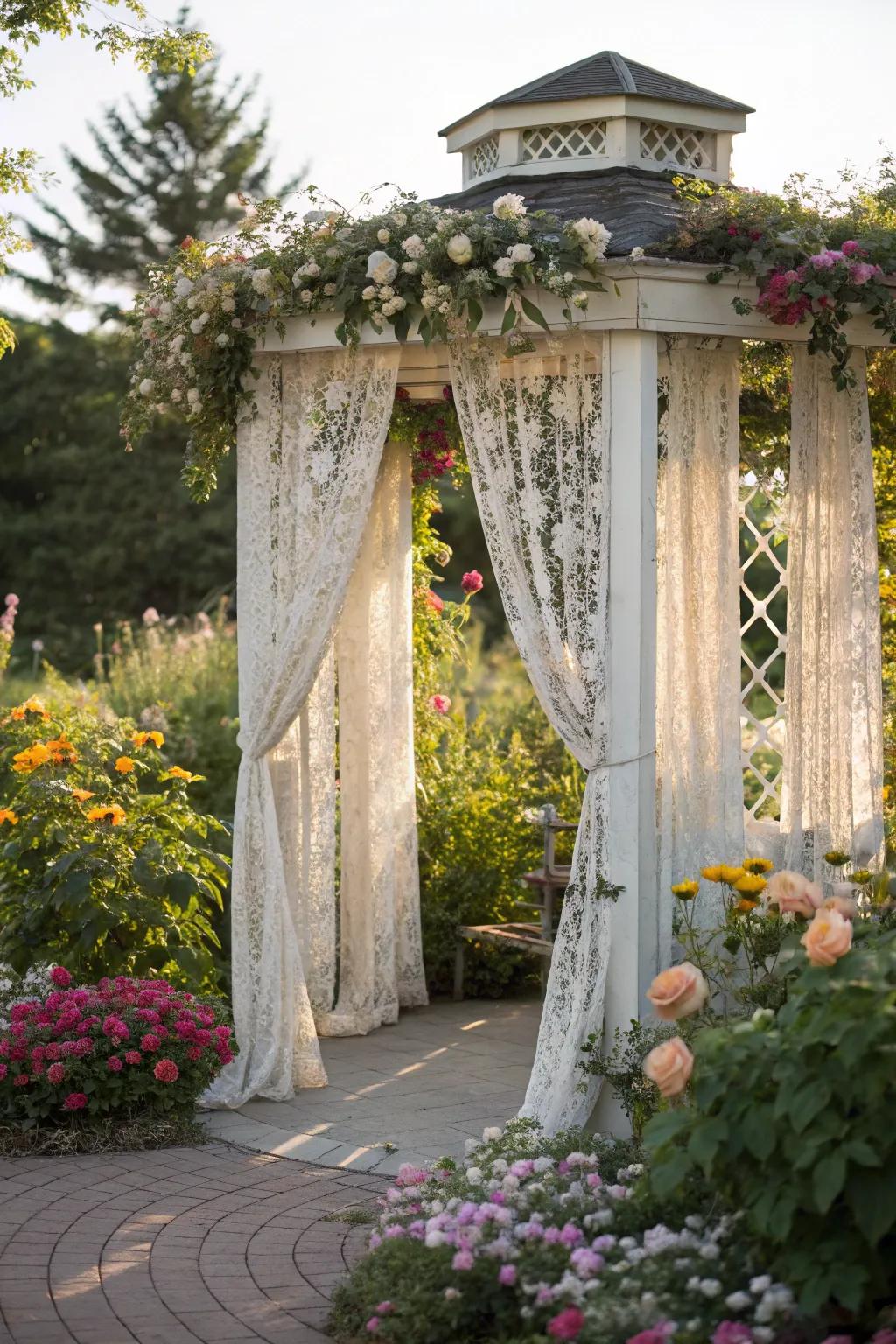 Lace curtains bring vintage charm to your arbor.