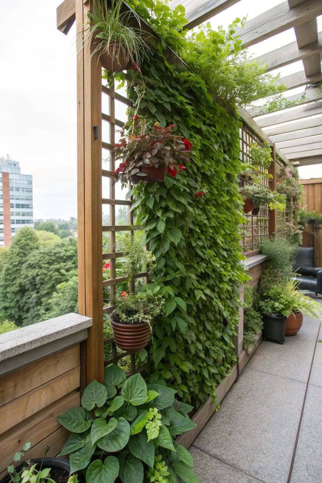 A vibrant vertical garden on a trellis, perfect for small outdoor spaces.