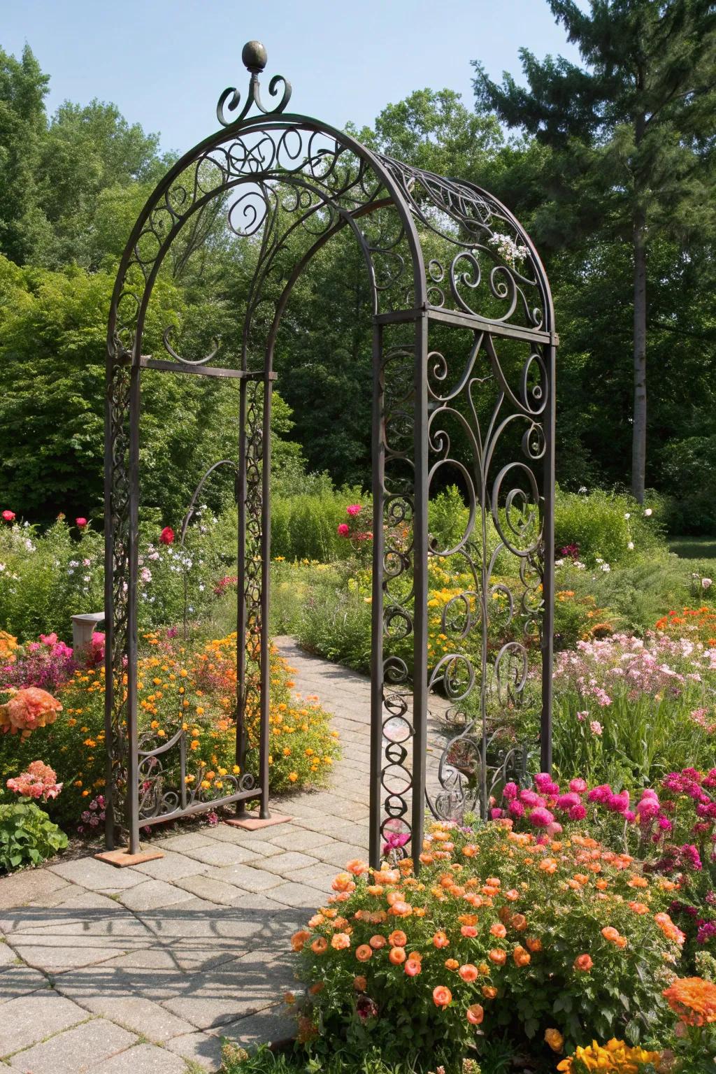 A decorative metal arch trellis with intricate designs.