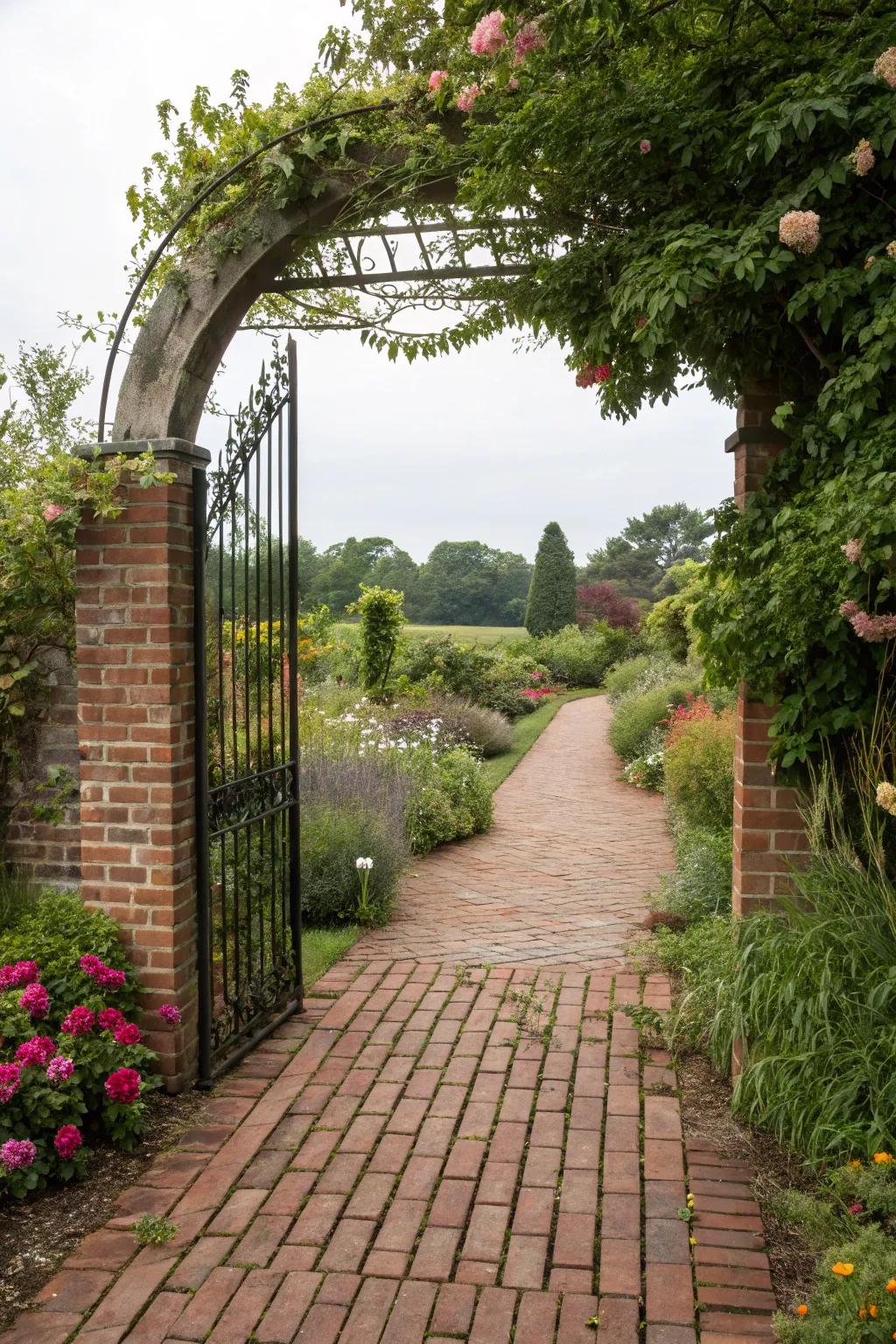 A brick pathway leading to an inviting arched garden gate.