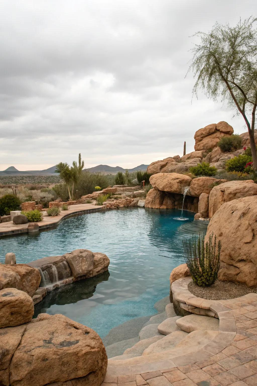 Natural rocks complement the desert theme around a pool.
