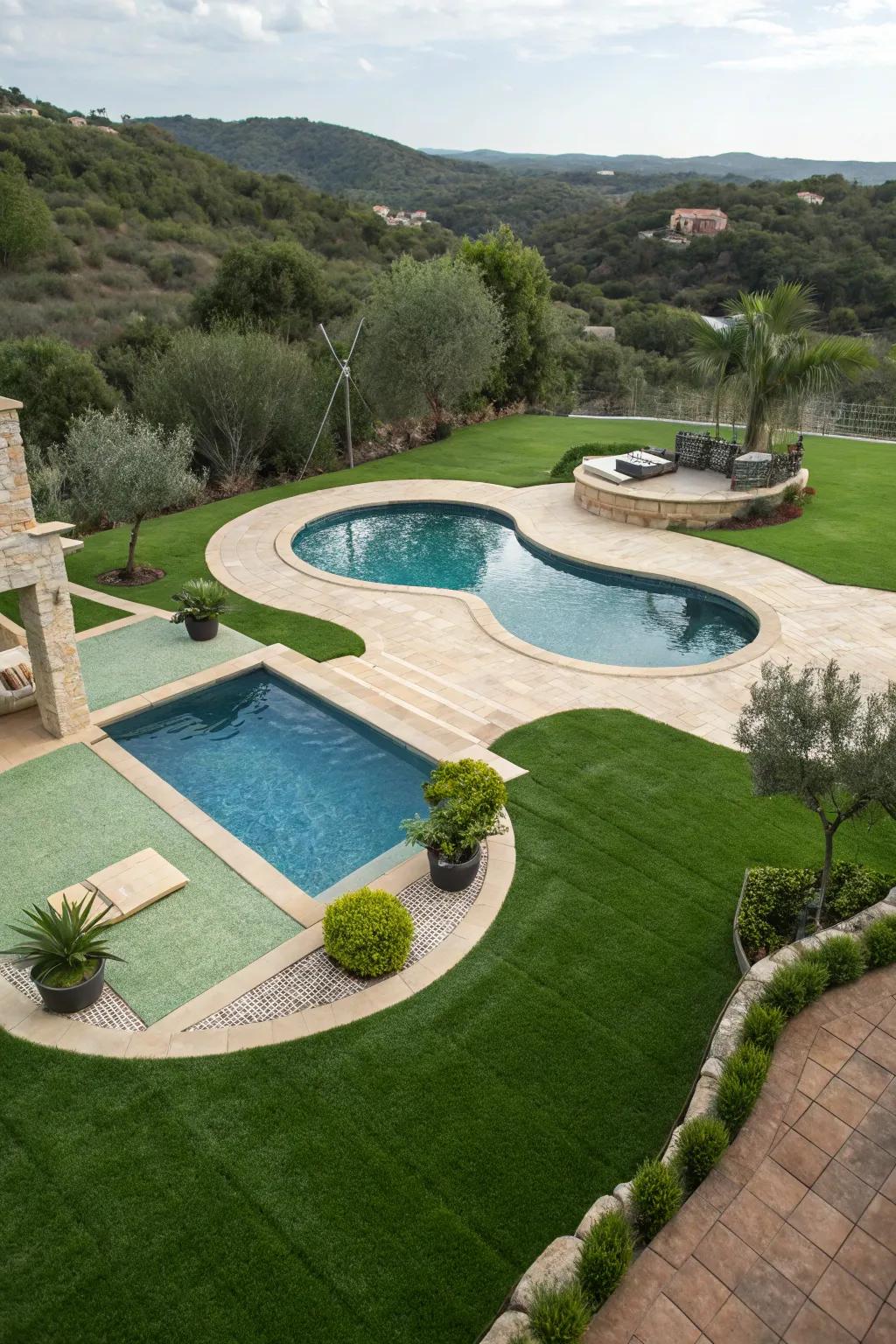 Artificial grass adapts beautifully to any pool shape.