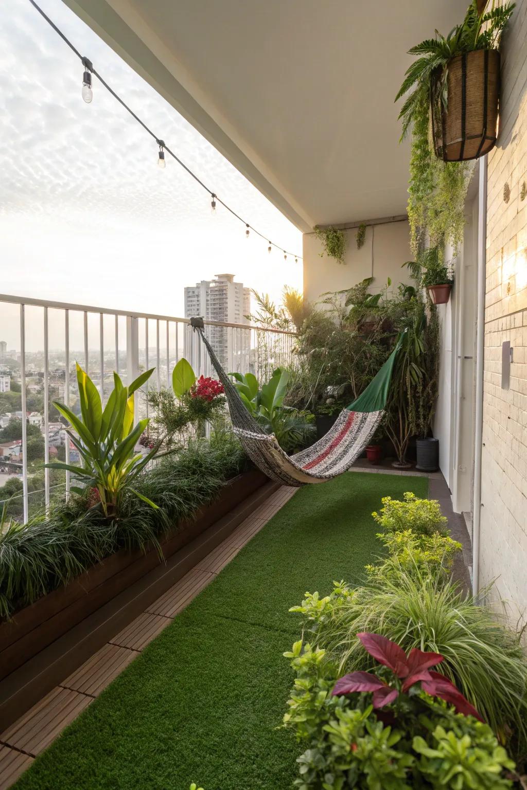 Create a relaxing hammock haven with artificial grass.