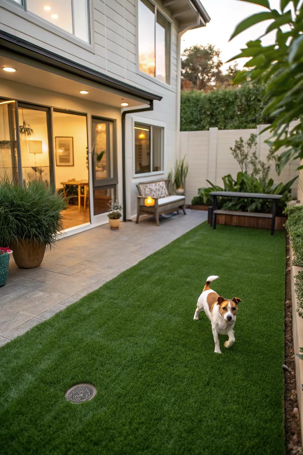 Design a pet-friendly play zone with artificial grass.